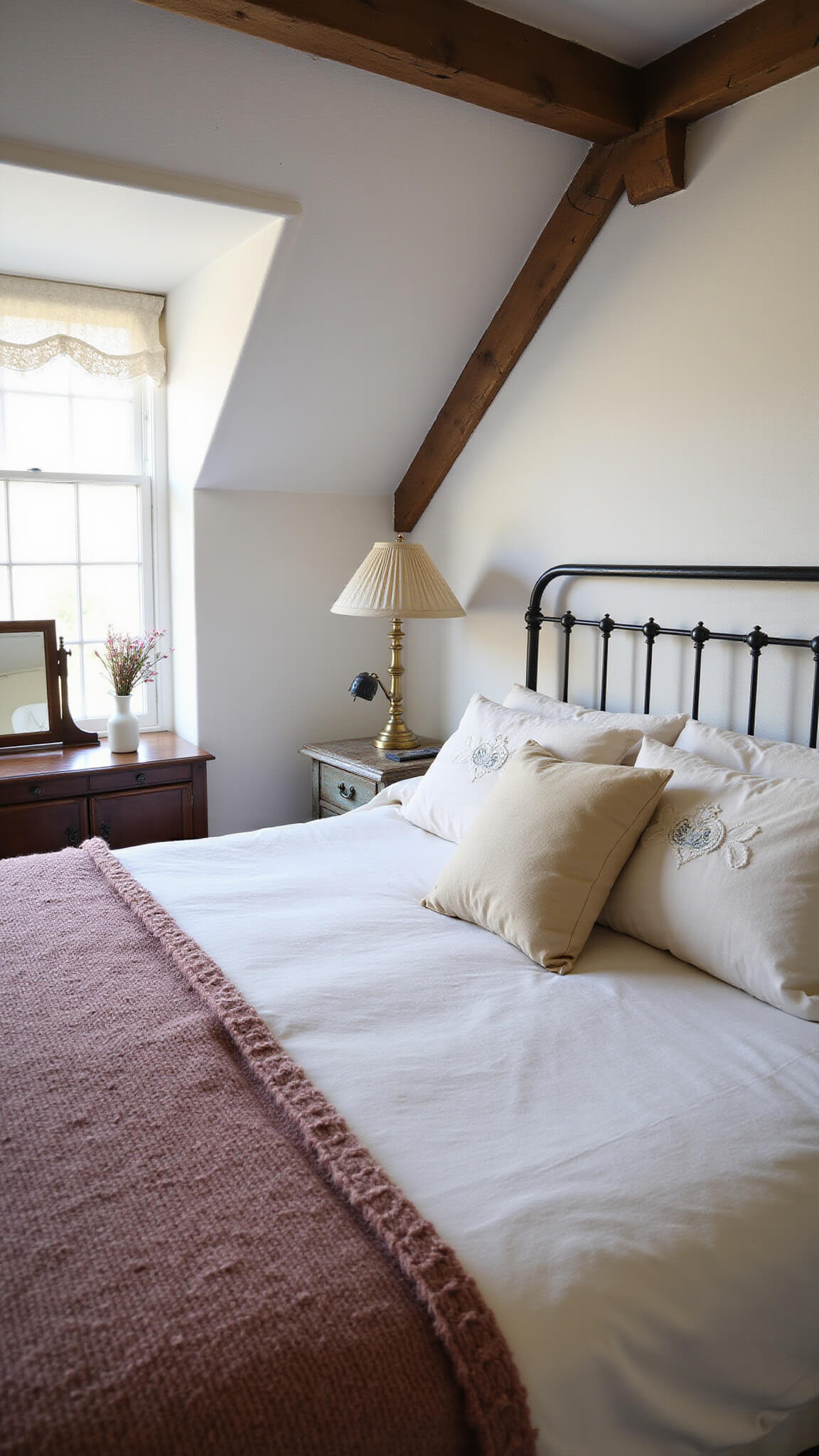 Cozy cottage bedroom with iron bed in vintage linens, sloped ceiling, exposed beams, and morning light through lace-curtained dormer window.