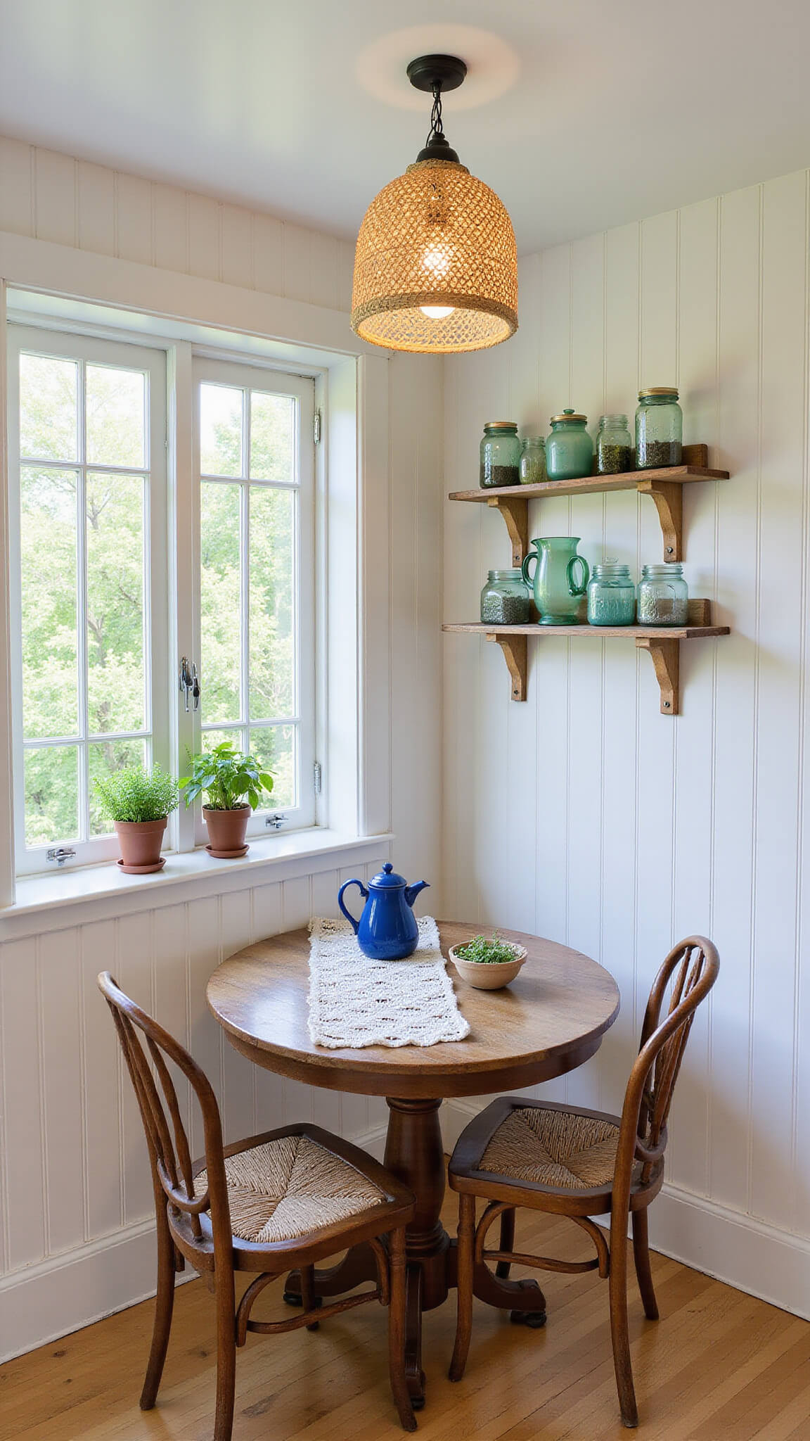 Cozy farmhouse kitchen nook with round oak table, vintage chairs, crocheted doily, blue teapot, and antique decor in warm afternoon light.