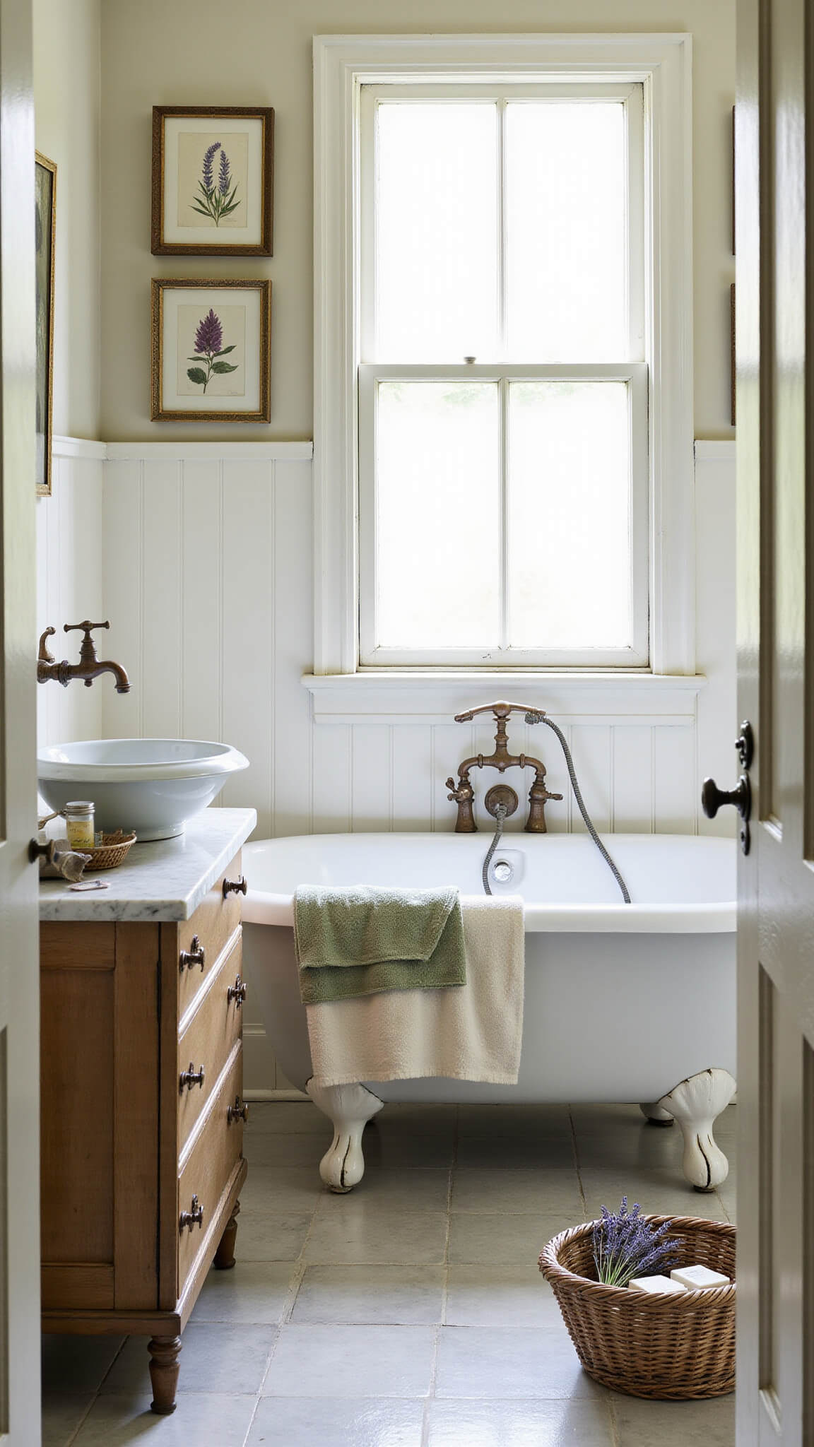 Cozy cottage bathroom with clawfoot tub, vintage washstand, and soft morning light through frosted window.