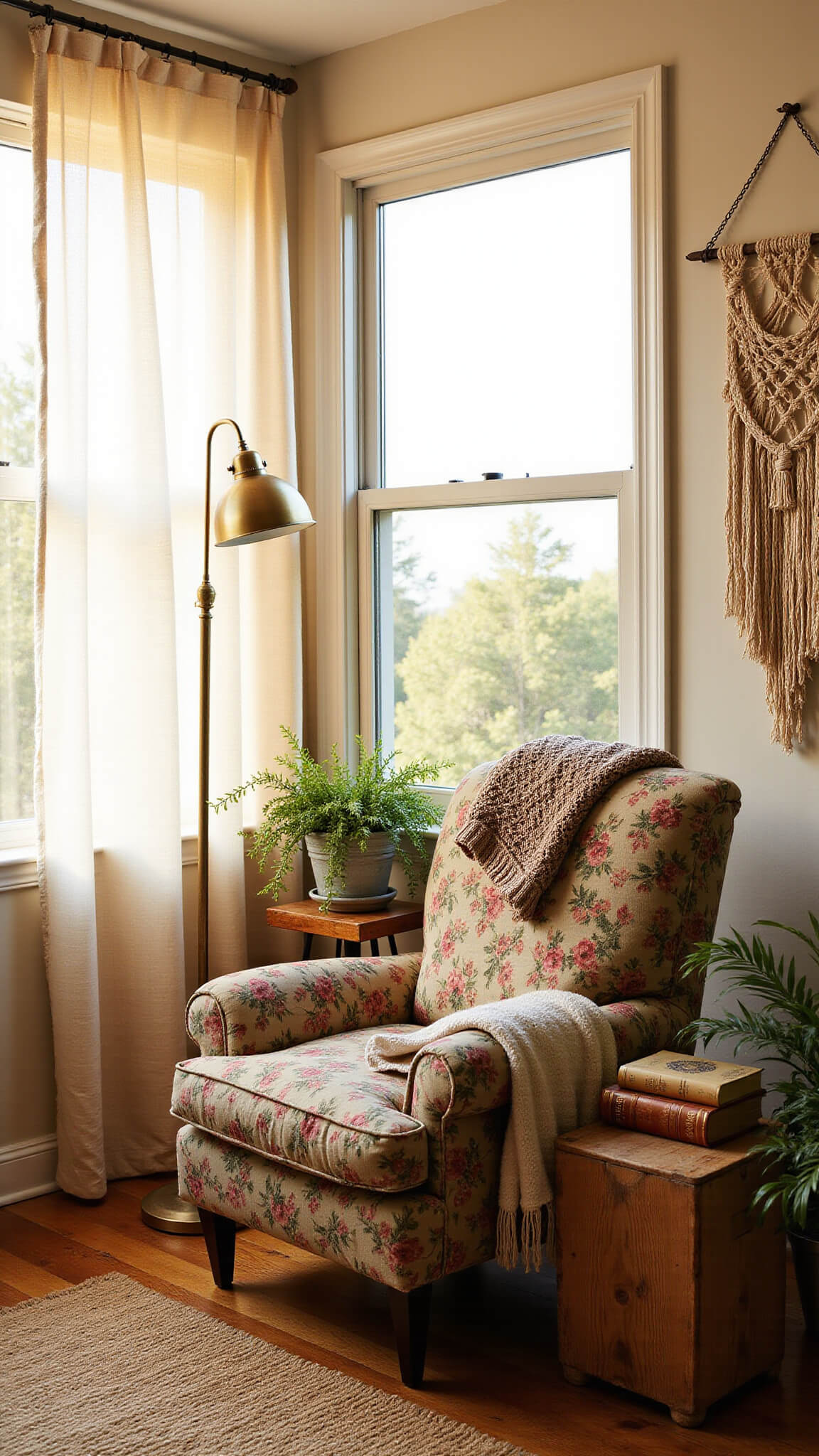 Cozy reading nook in small alcove with floral armchair, knitted throws, antique lamp, books, and potted ferns bathed in golden afternoon light.