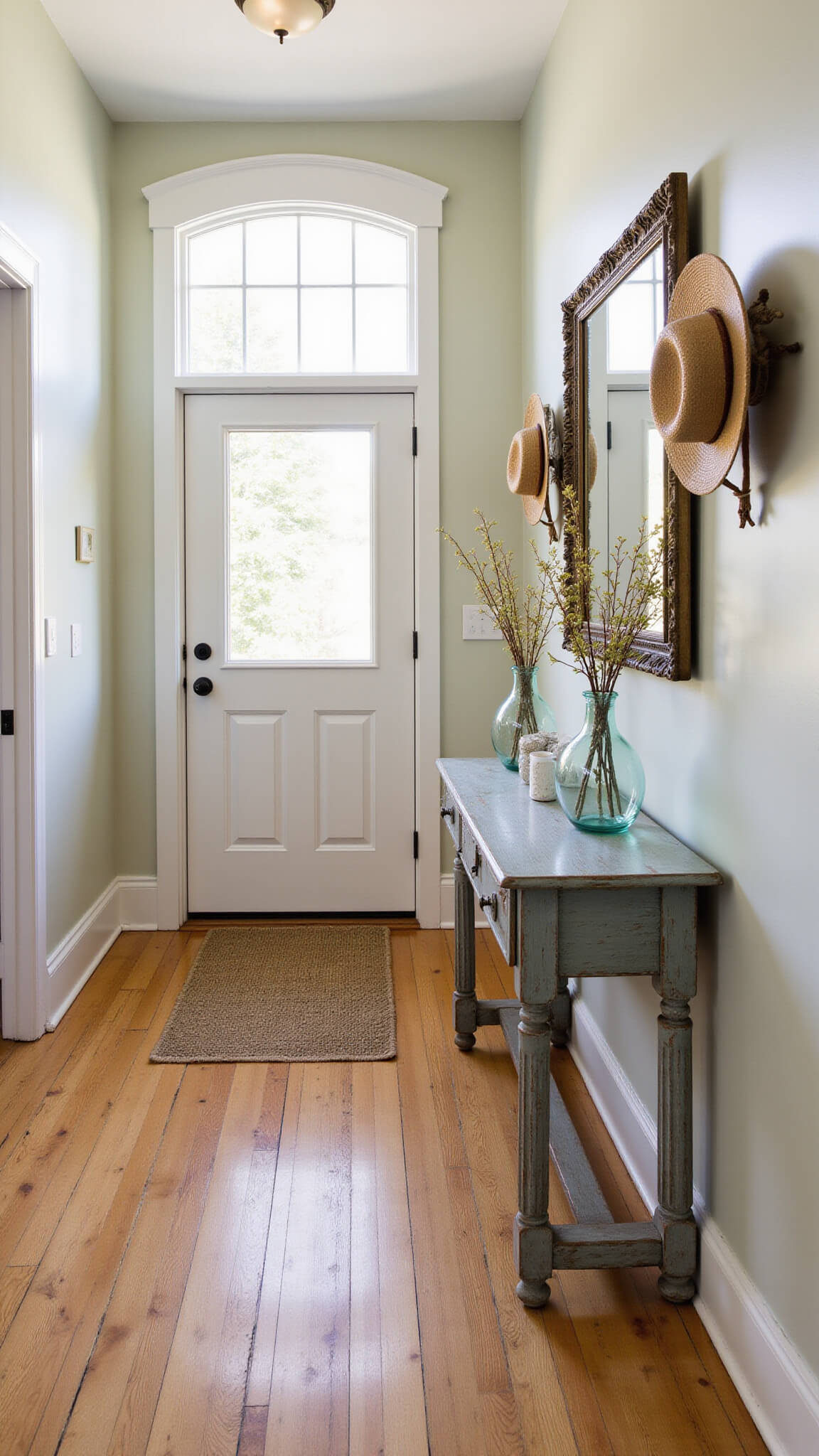 Cottage entryway with honeywood flooring, antique mirror, straw hats on wall hooks, weathered console table with dried botanicals, and woven runner rug in natural light.