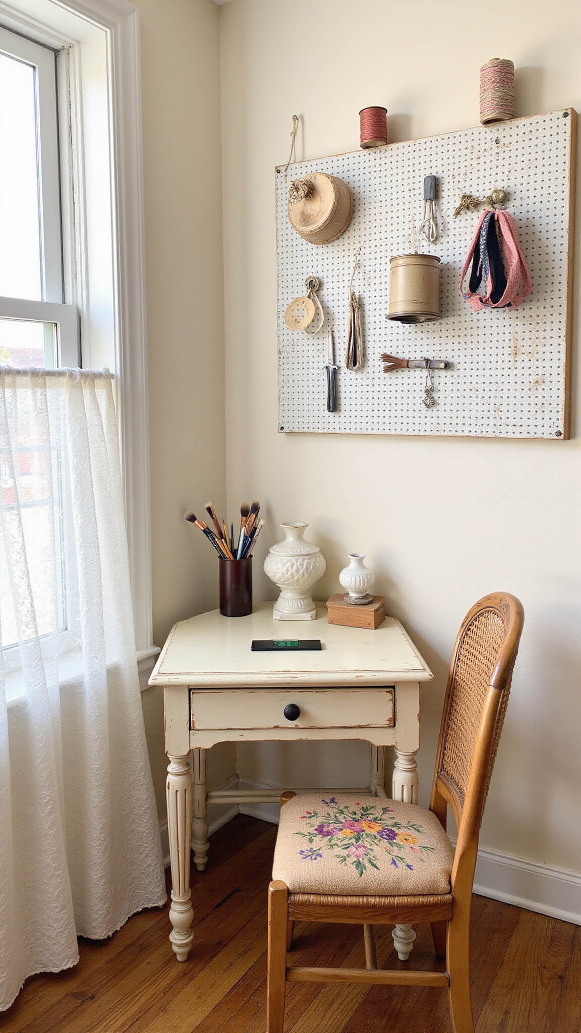 Organized craft corner with vintage cream desk, pegboard of tools, and wicker chair under soft afternoon light.