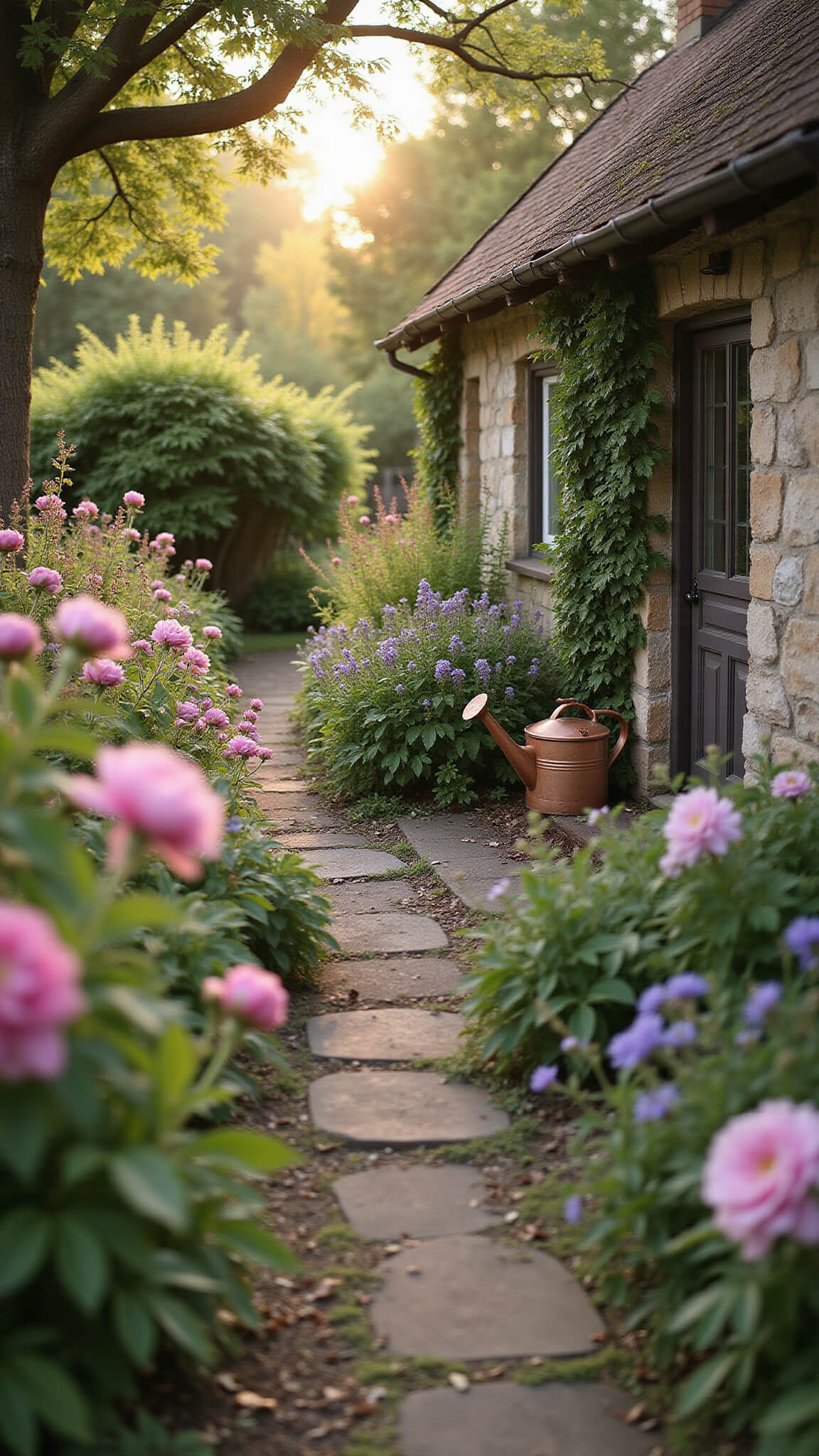 Whimsical cottage garden at golden hour with blooming flowers, winding flagstone path, ivy-covered stone wall, and vintage watering can among herbs under sunlit apple branches.