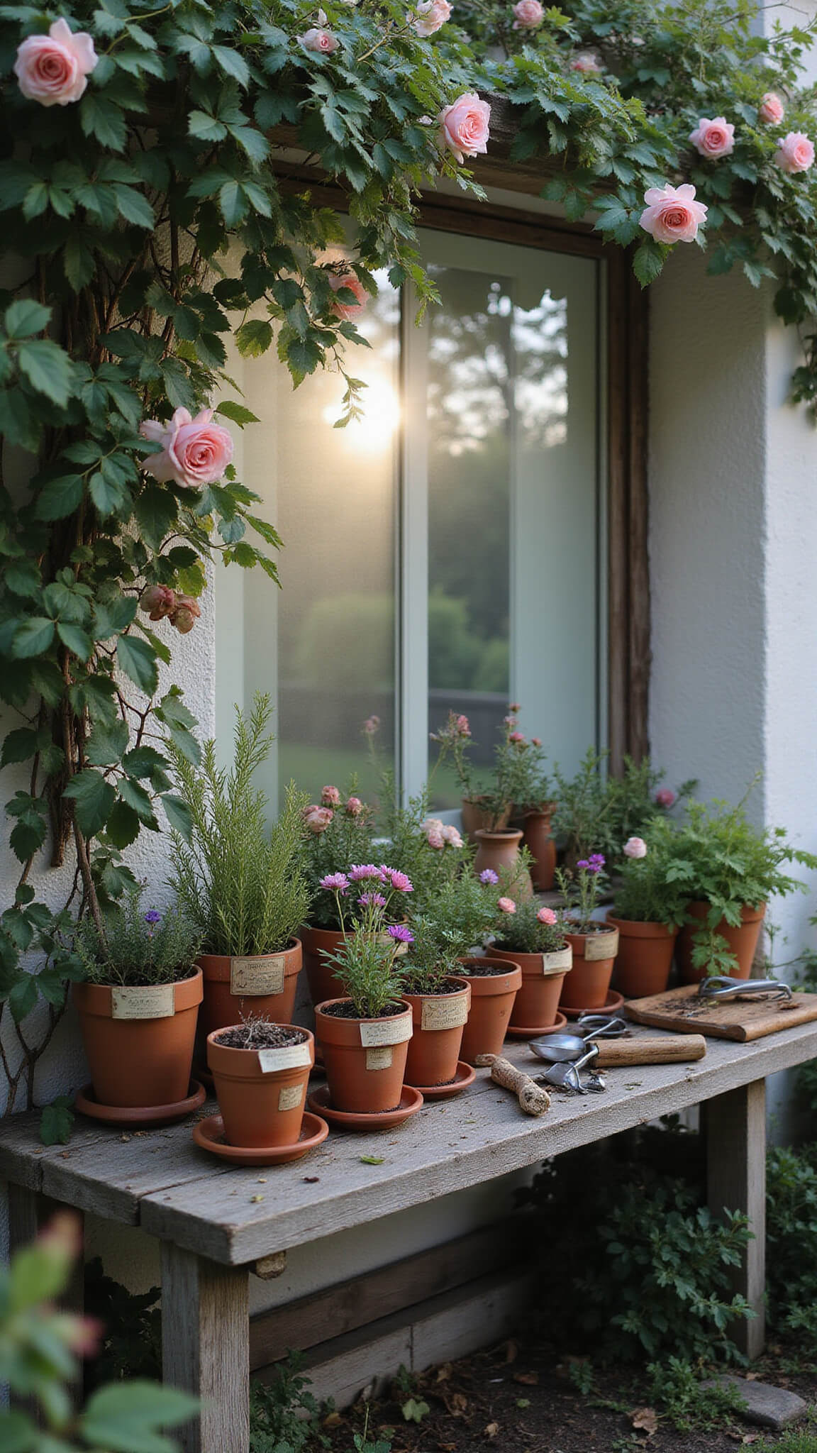 Rustic potting bench in early morning light with terracotta pots, vintage garden tools, and herbs, framed by dewy climbing roses and soft mist.