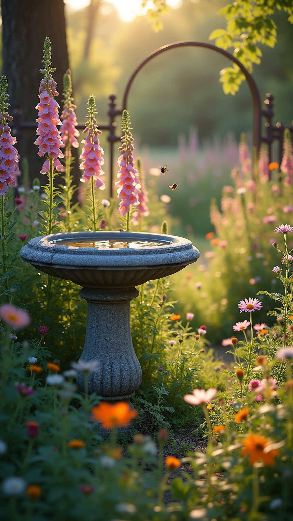 Ancient stone bird bath in wildflower meadow with foxgloves and cosmos, lit by golden 5pm sunlight; antique iron gate in background, bees and butterflies hovering nearby.