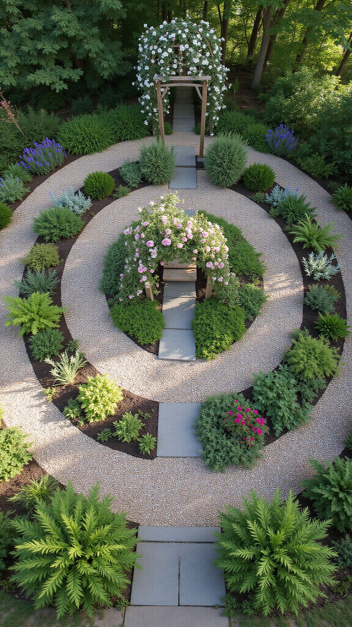 Overhead drone view of circular cottage garden with concentric plant rings, central herb spiral, gravel paths, vintage ladder with sweet peas, rose-draped wooden archway, and dappled shade from surrounding trees.