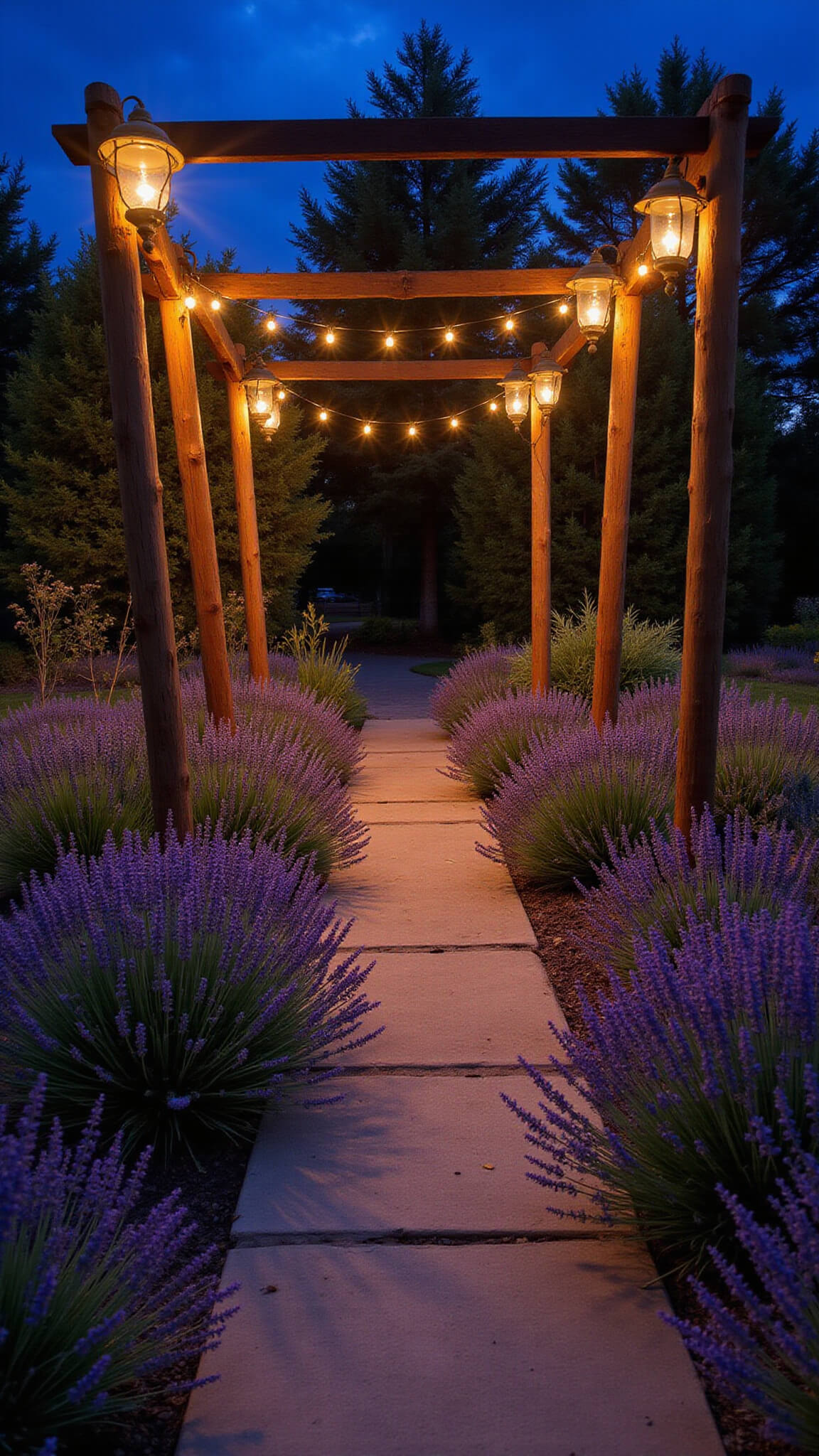 Twilight garden with stone path leading to lit archway, glowing Victorian lanterns lighting lavender beds, string lights overhead, and night-blooming flowers opening under deep inky blue sky.
