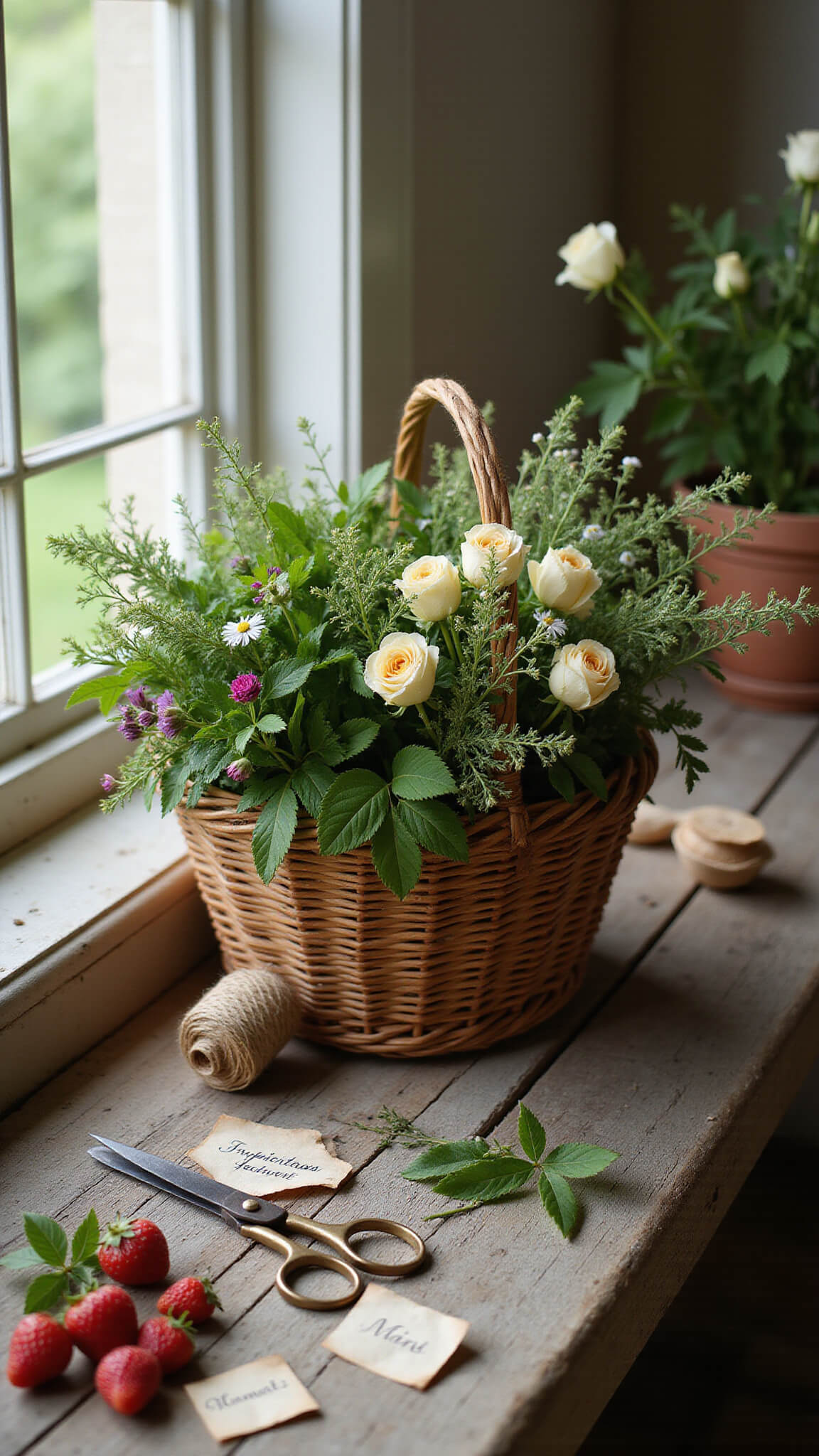 Eye-level view of a vintage wicker basket filled with fresh flowers and herbs on a weathered wooden bench, with antique gardening scissors, twine, and handwritten plant markers scattered nearby; soft morning light streams through a window, with English roses and wild strawberries in the background.