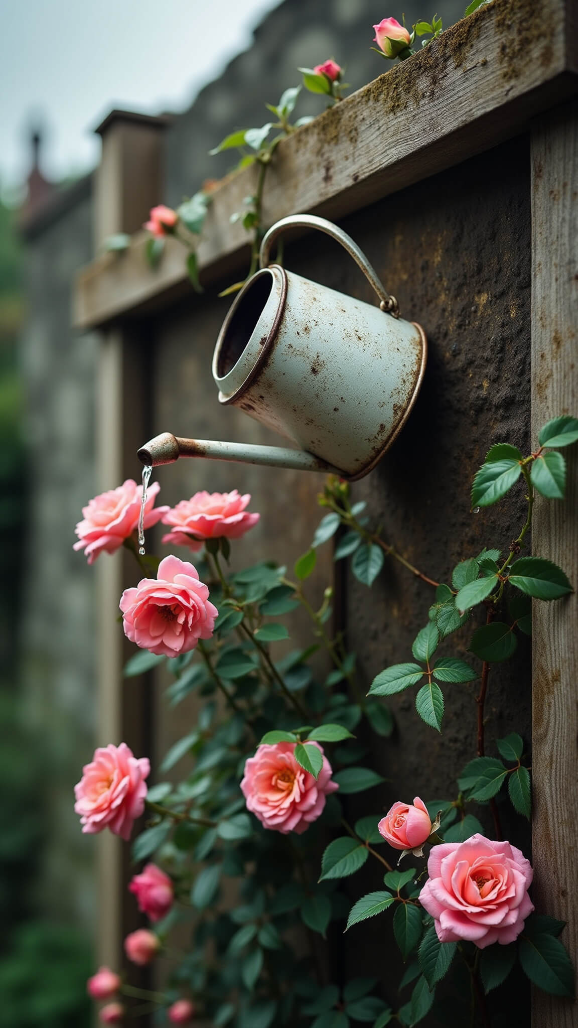 Close-up of rain-dappled roses and vines on a weathered trellis, with a vintage watering can and mossy stone wall in soft grey light.