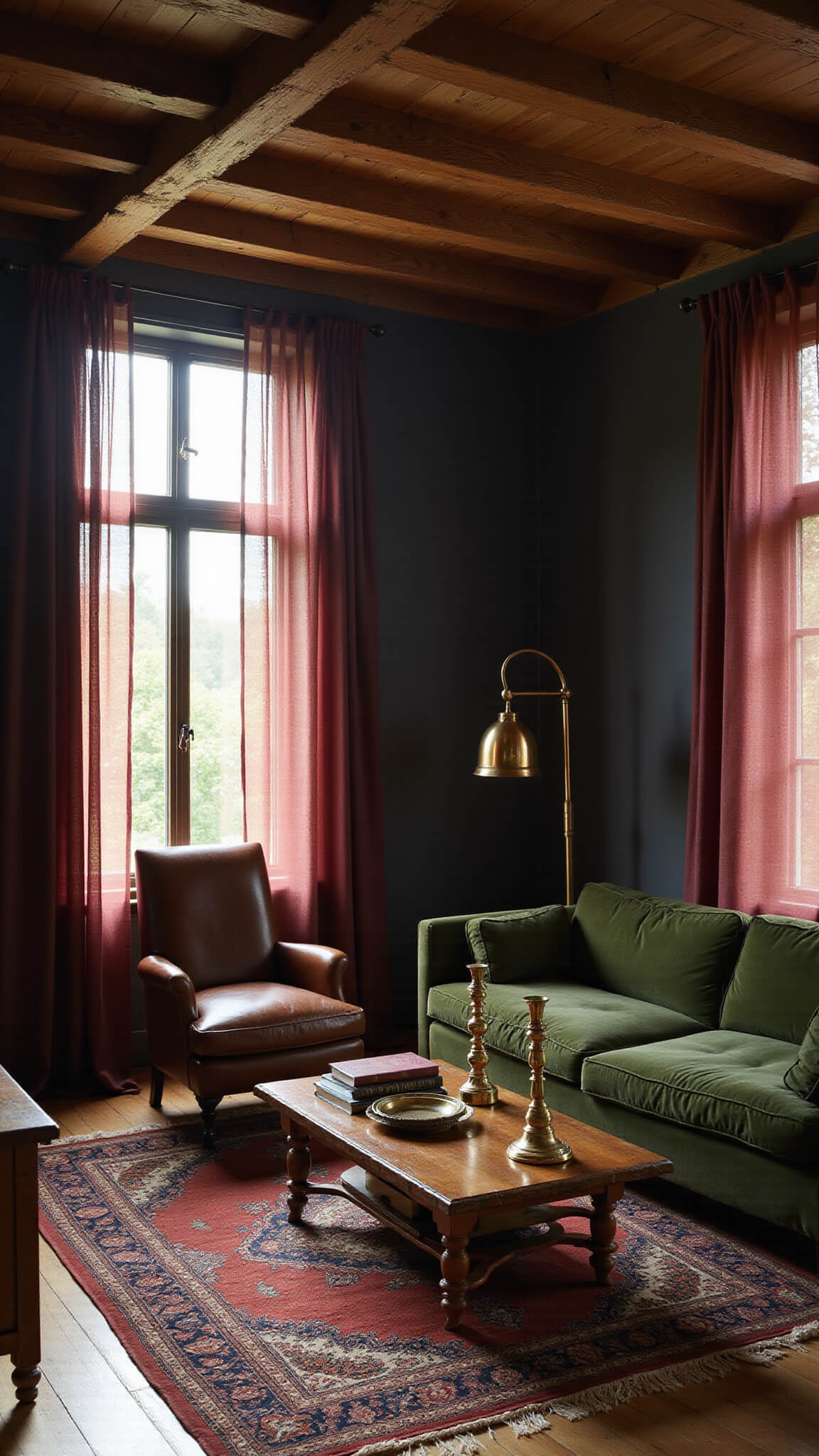 Moody golden-hour living room with moss-green velvet sofa, burgundy curtains, brass lamp, leather armchair, Persian rugs, and antique decor in warm, soft focus.