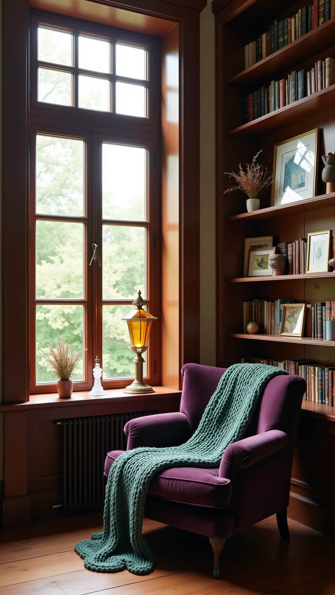 Victorian bay window nook with chestnut bookshelves, purple velvet chair, green throw, brass lamp, dried herbs, botanical prints, and crystals in warm afternoon light.