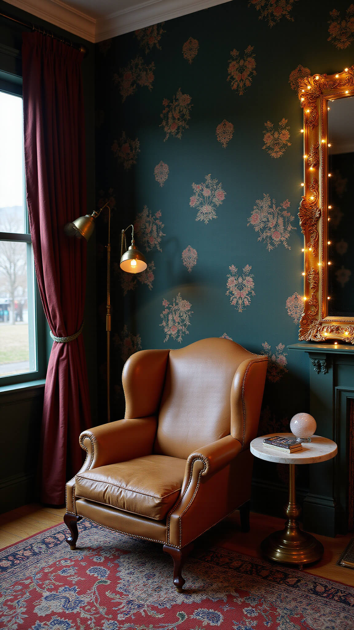 High-angle view of a moody reading corner at dusk with an oversized leather wingback chair, emerald botanical wallpaper, brass-and-marble table holding a crystal ball and tarot cards, deep wine linen curtains, Persian runner, gold mirror reflecting amber string lights, and built-in shelves in selective warm and cool lighting.