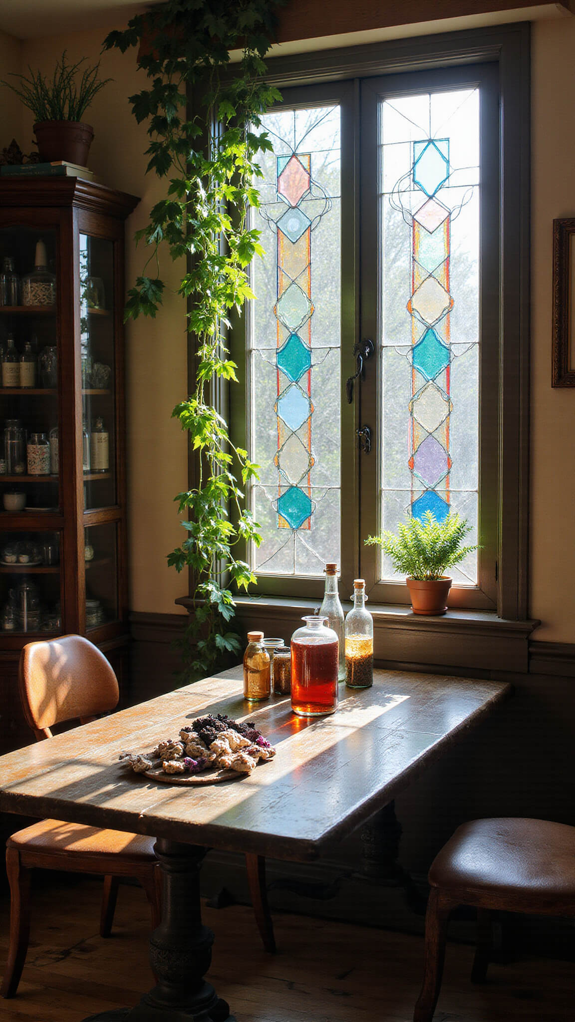 Overhead view of a cozy potion-making corner with stained glass sunlight, rustic table holding glass bottles, dried herbs, crystals, ivy plants, vintage cabinet, and old herbalism books.