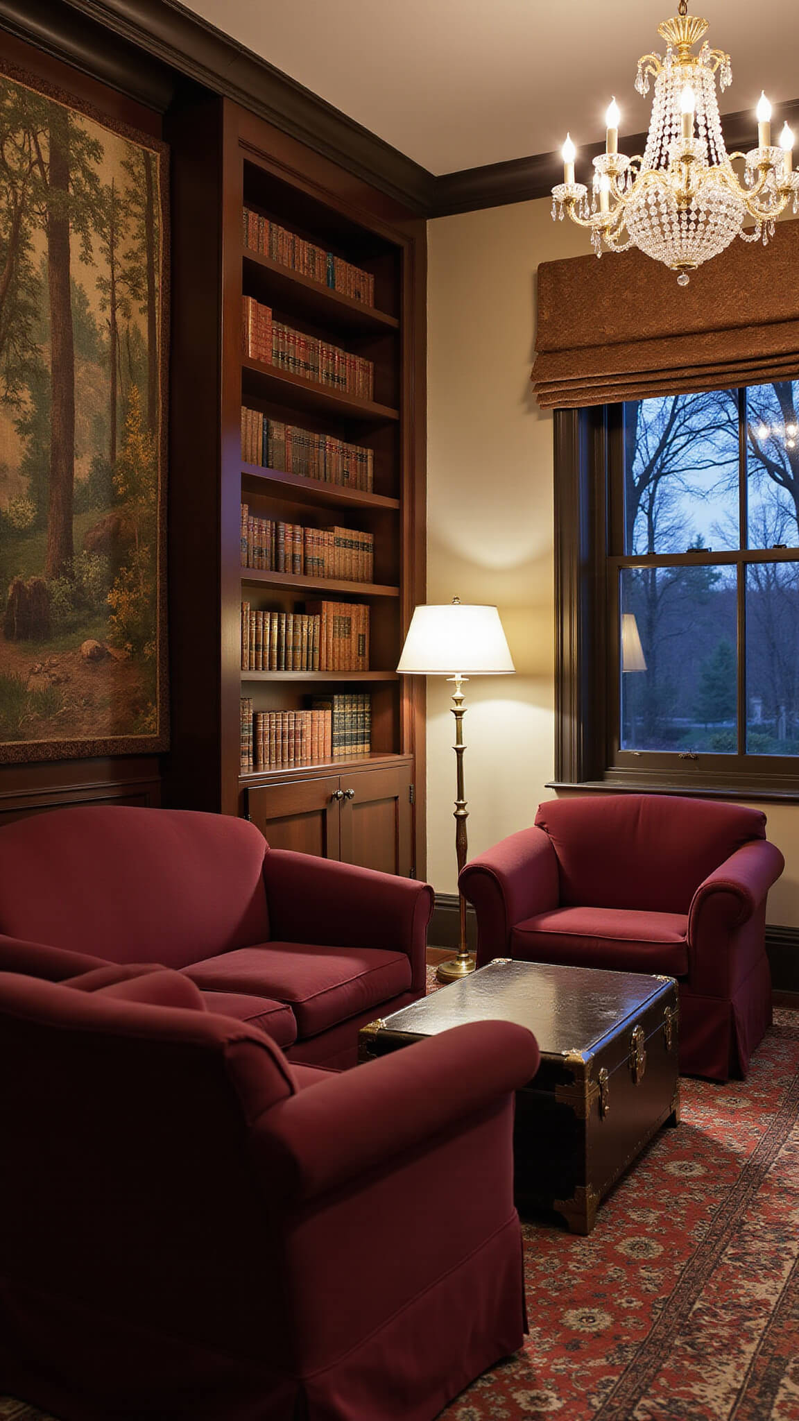Cozy twilight seating area with burgundy velvet settees, antique trunk coffee table, espresso bookshelf, brass lamp, vintage tapestry, and crystal chandelier
