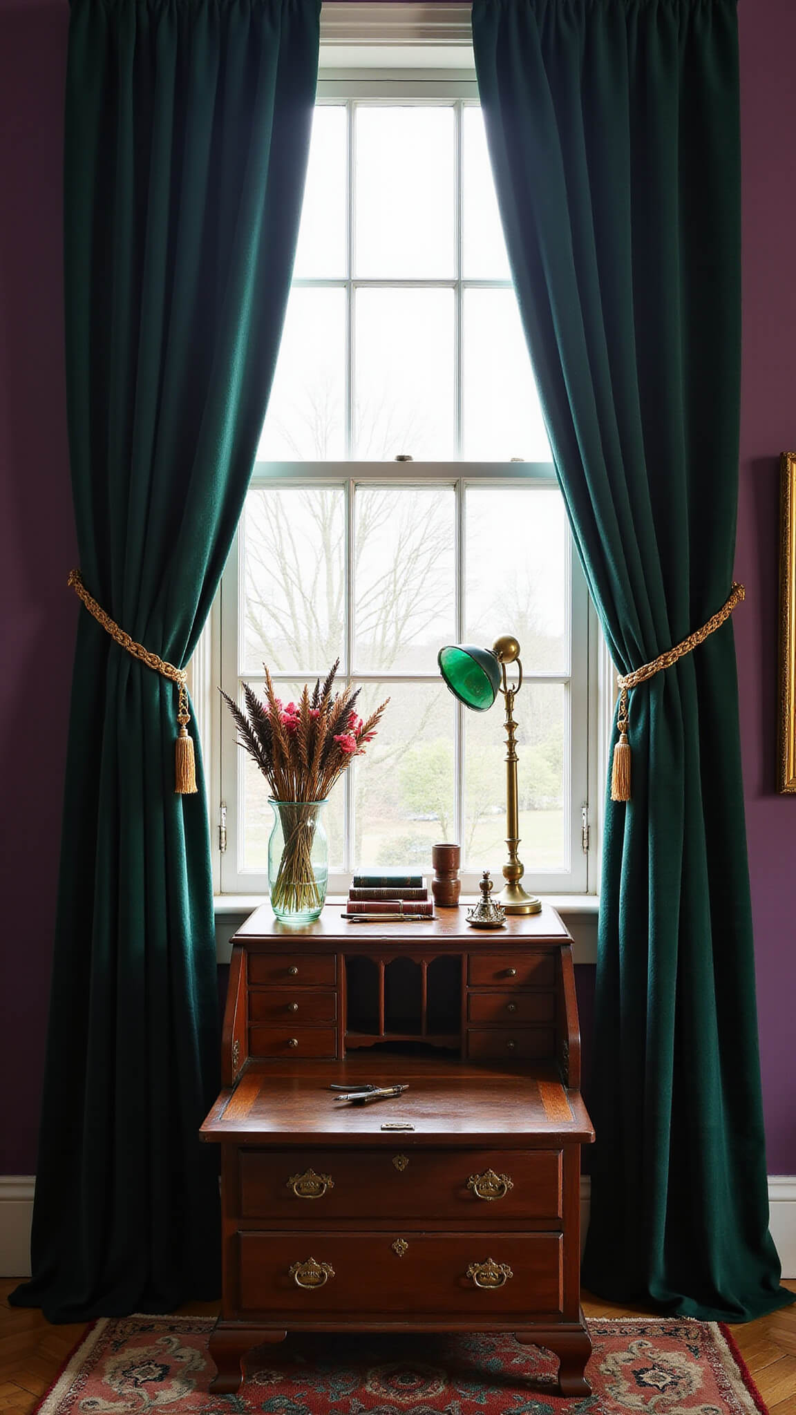 Antique mahogany writing desk with brass lamp and vintage accessories bathed in morning light near a leaded glass window with green velvet curtains.