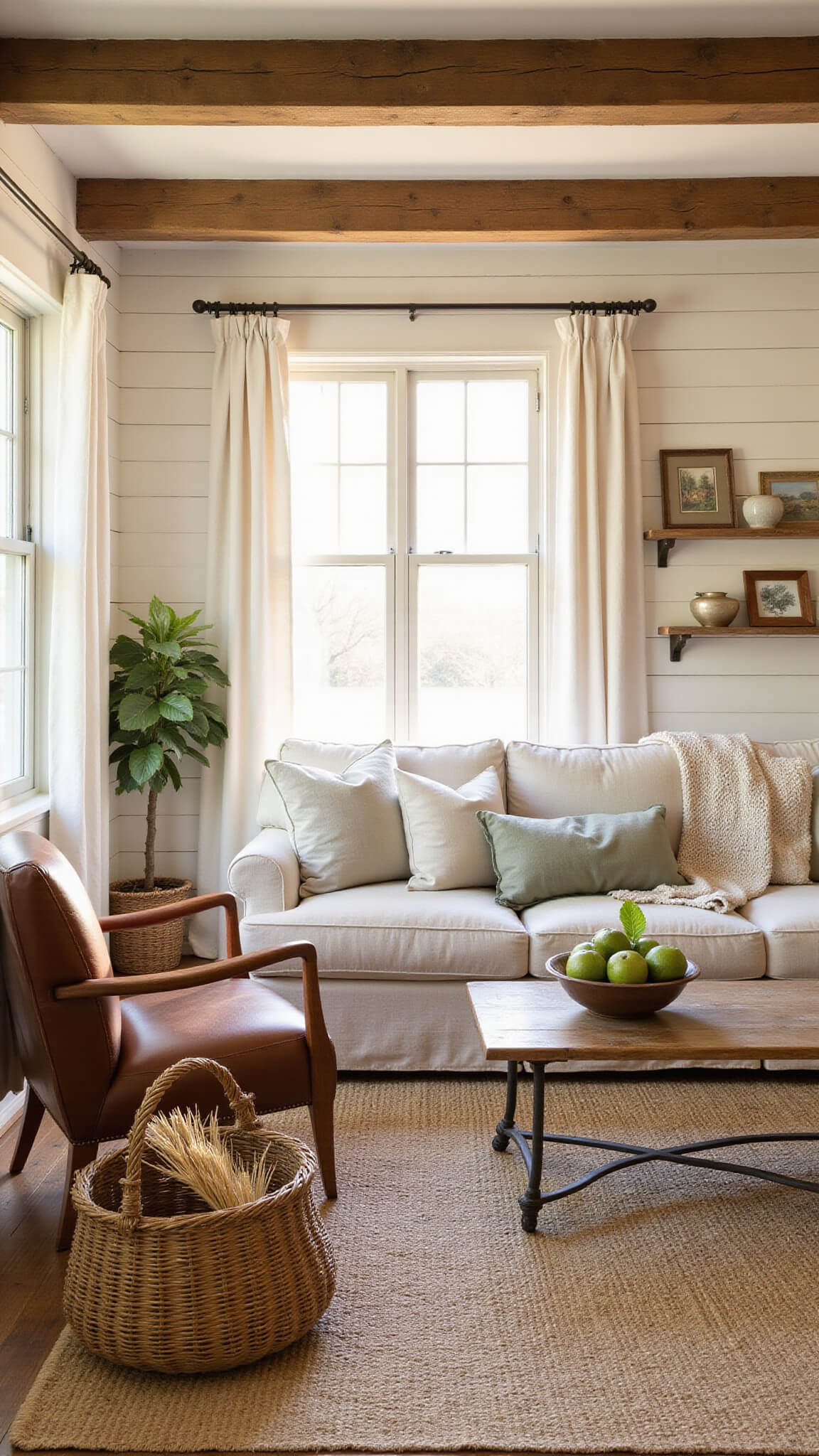 Farmhouse living room at golden hour with exposed beams, shiplap walls, oatmeal linen sofa, vintage leather armchair, jute rug, and warm natural lighting.