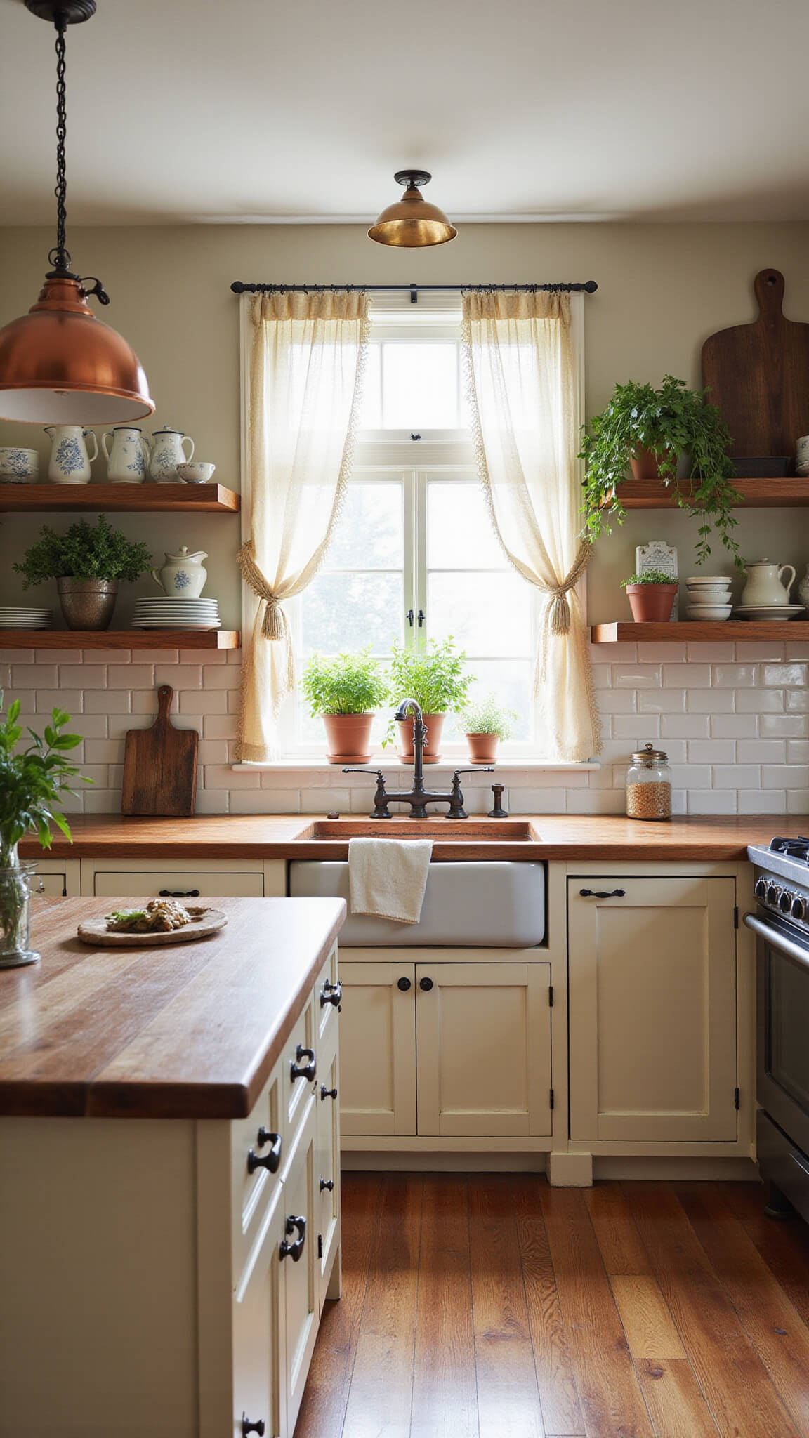 Eye-level view of cozy farmhouse kitchen with cream cabinets, butcher block island, copper pendant lights, and morning sunlight illuminating herbs on windowsill.
