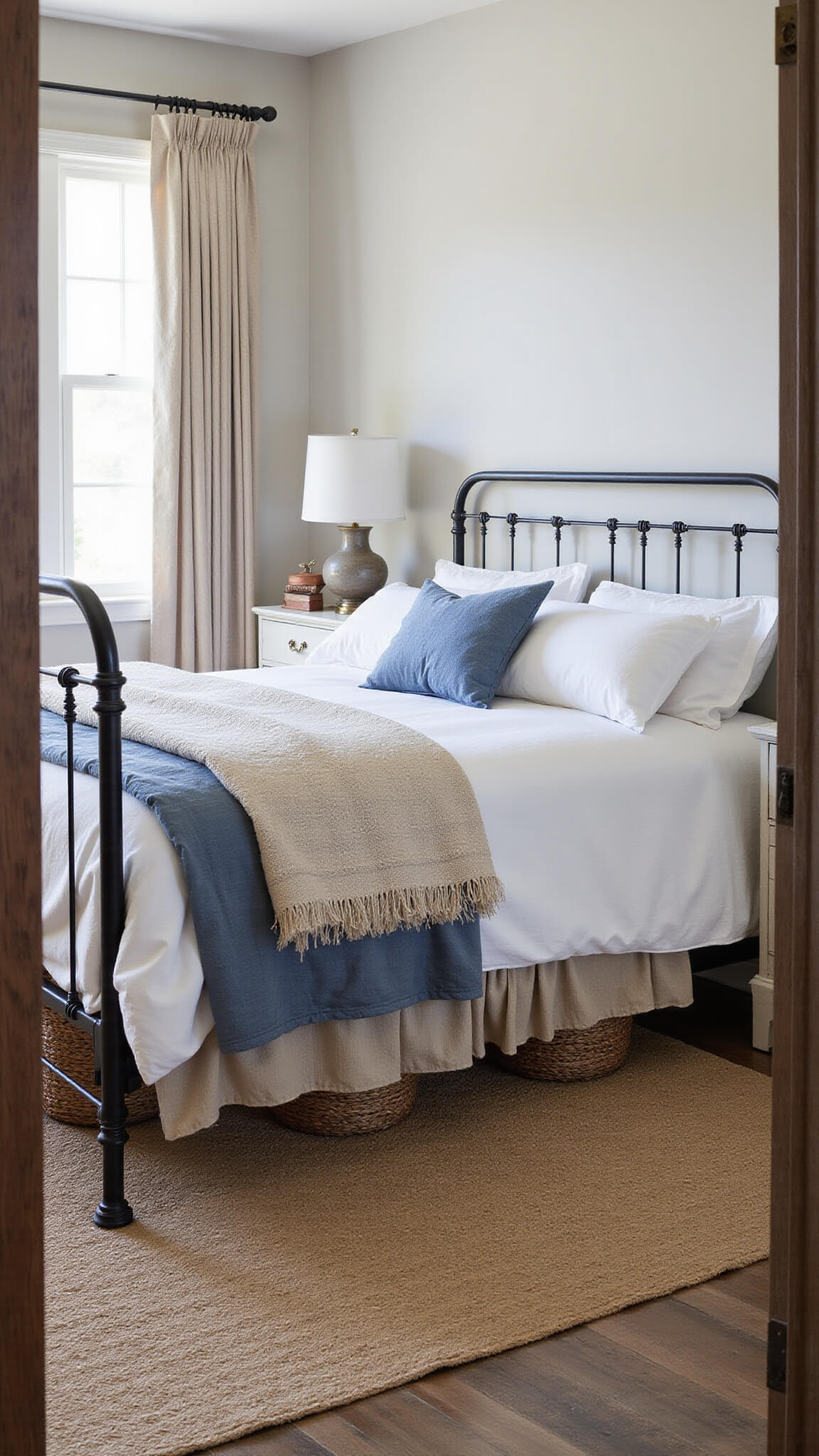 Cozy master bedroom with vintage iron bed, white linen bedding, layered quilts, whitewashed nightstands, and soft blue hour lighting.