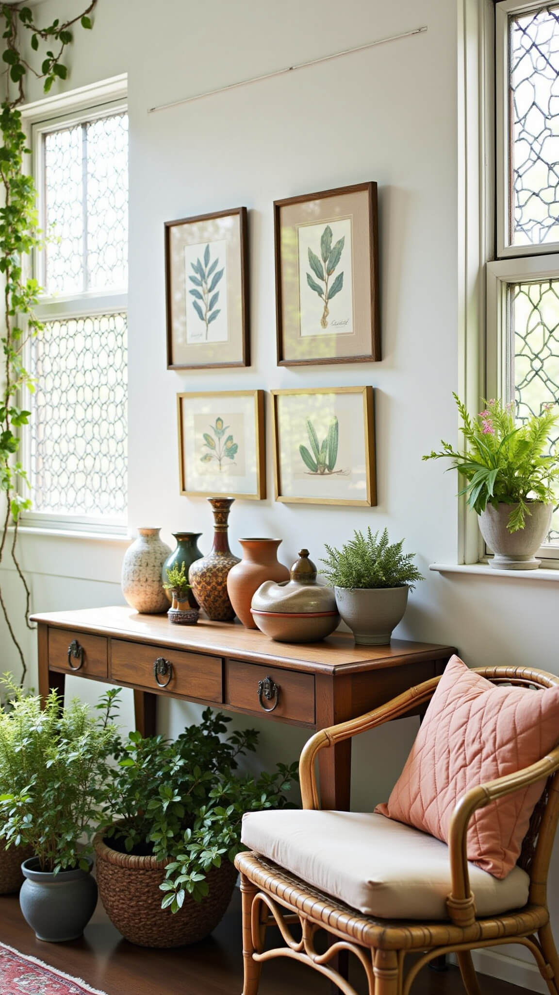 Sunroom with vintage console table, rattan chair, and potted plants bathed in morning light through gridded windows.