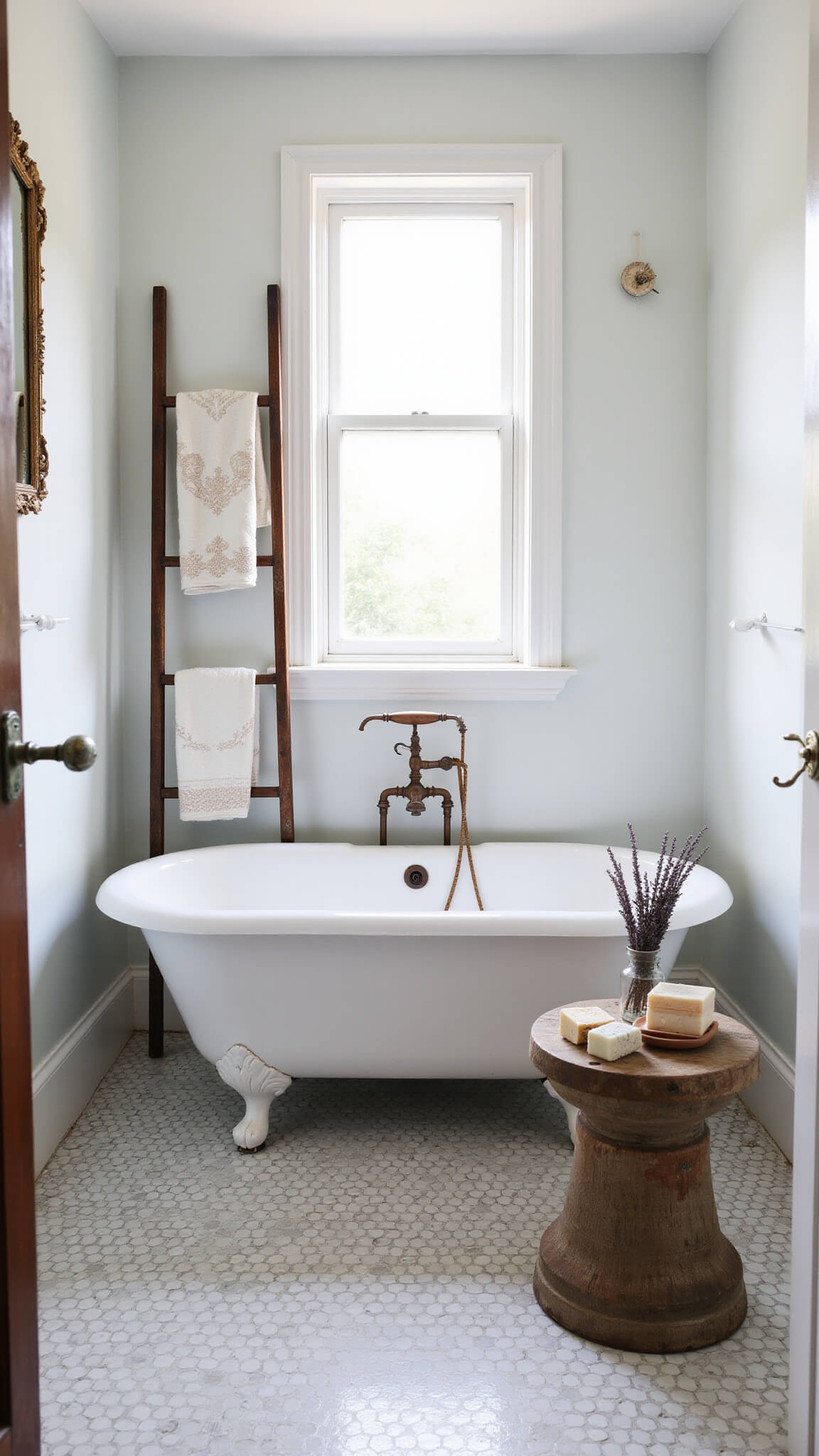 Farmhouse bathroom with clawfoot tub under window, vintage ladder with towels, hex tile floor, wooden stool with soaps and lavender, antique mirror, and copper faucets.
