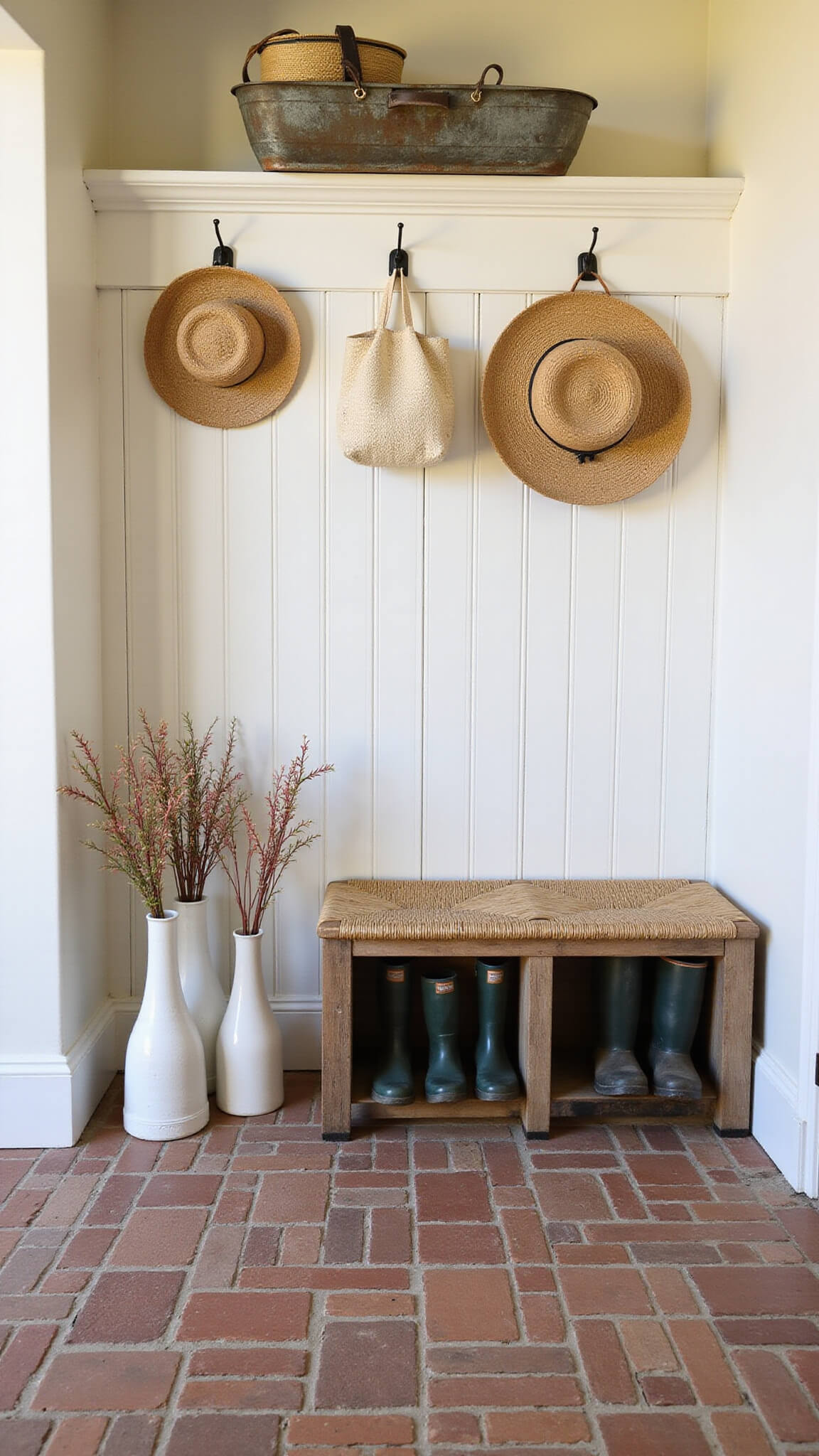 Overhead view of a cozy mudroom with herringbone brick flooring, shiplap storage bench featuring woven cushion, vintage hooks holding straw hats and bags, galvanized boot tray with rainboots, and white pottery with seasonal branches in warm golden hour light.