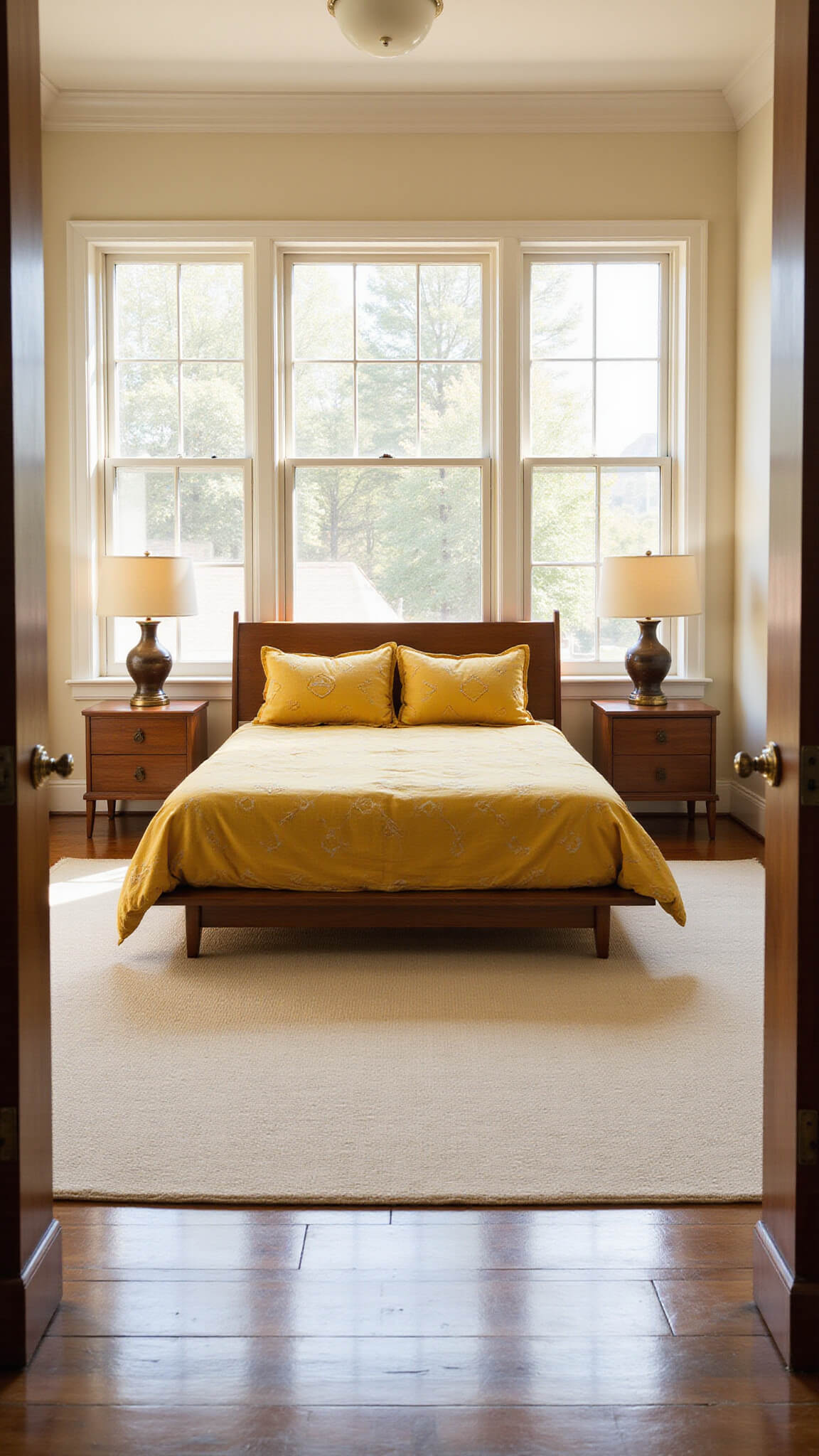 Mid-century bedroom with walnut platform bed, mustard geometric duvet, floor-to-ceiling windows, and warm natural lighting.