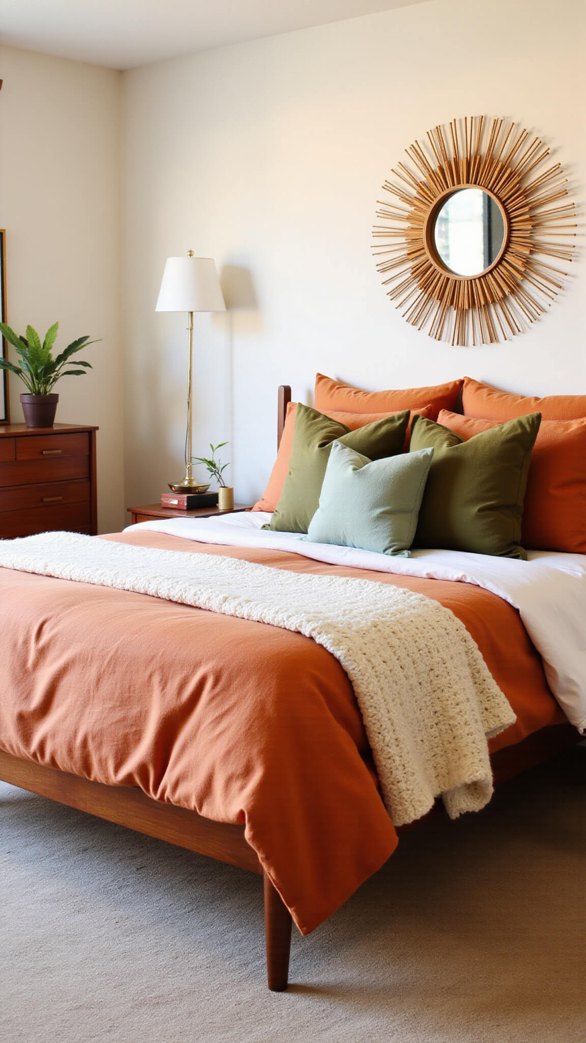 Cozy 12x14ft bedroom at golden hour with terracotta linen bedding on teak bed, olive green pillows, ivory knit throw, sunburst mirror above headboard, and Danish modern dresser.