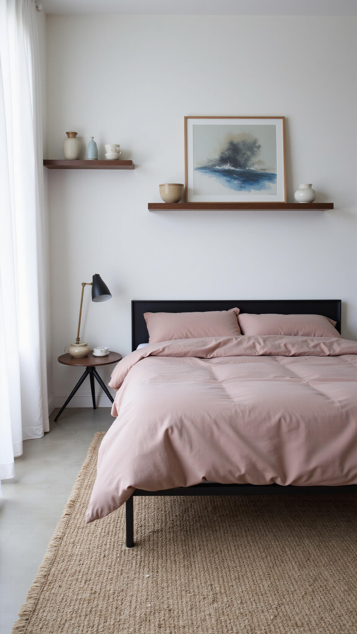 Minimalist 14x16ft bedroom at morning twilight with blush pink bedding on black steel bed, abstract art above, floating walnut shelves with ceramics, and sheer curtains filtering cool blue light.