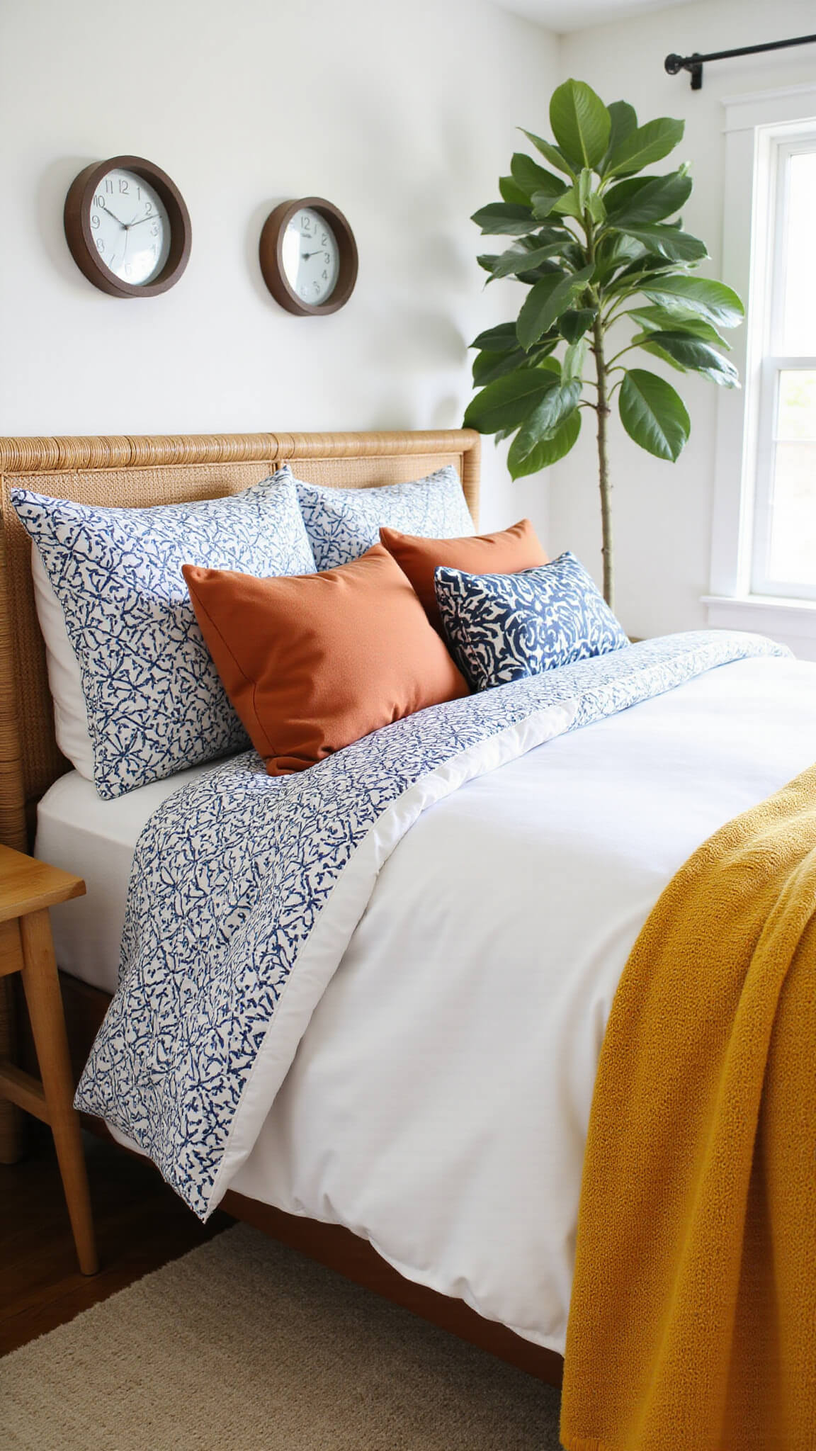 Mid-century modern primary bedroom with white and navy bedding, mustard and rust accents, rattan headboard, and fiddle leaf fig in natural backlight.