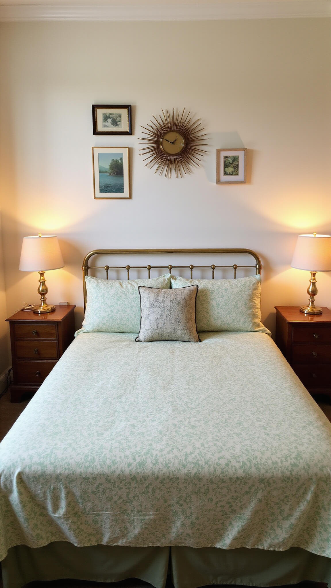 Cozy 10x12ft guest bedroom at dusk with sage green atomic starburst bedding, brass bed frame, vintage nightstands, starburst clock, abstract wall art, and soft ambient lighting from period sconces.