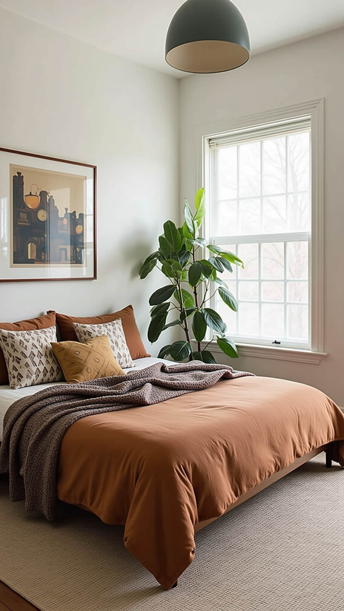 Airy 18x20ft bedroom with terracotta linen bedding, Danish modern bed, textured throws, geometric cushions, and large philodendron in soft midday light.