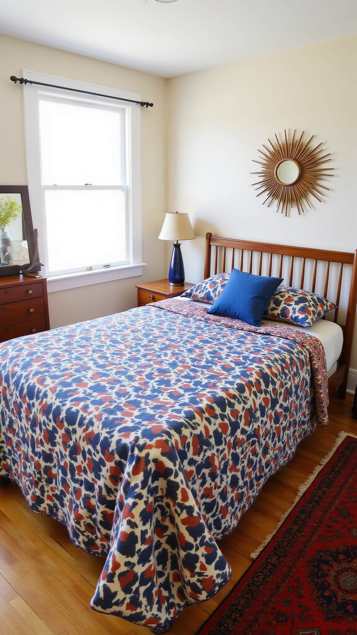 Mid-century modern bedroom with bold abstract navy, rust, and cream duvet, walnut spindle bed, matching credenza, sunburst mirror, and ceramic lamps in dramatic morning light.