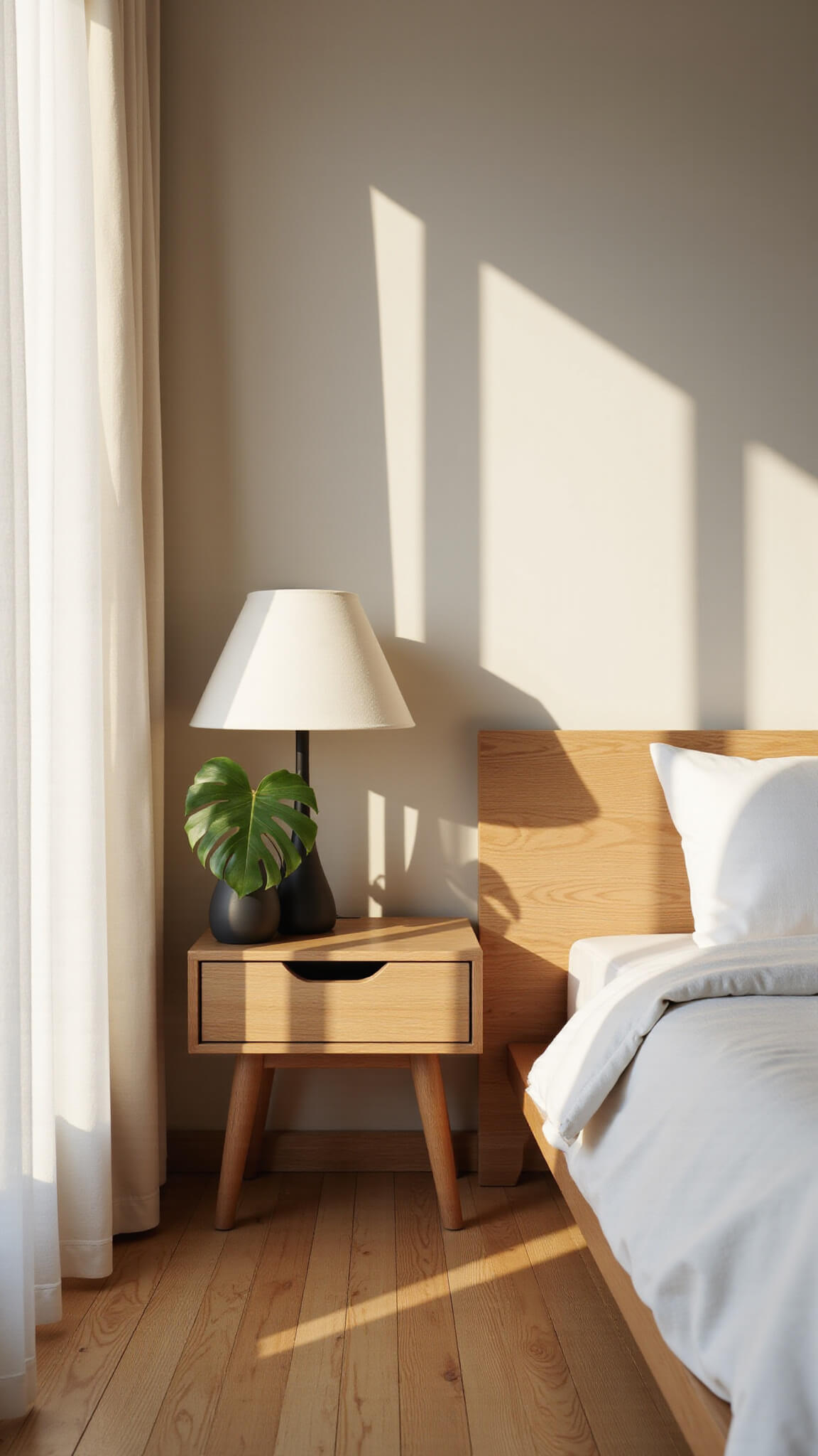 Minimalist Japandi bedroom at golden hour with oak nightstand, platform bed, sheer curtains, and soft natural lighting.
