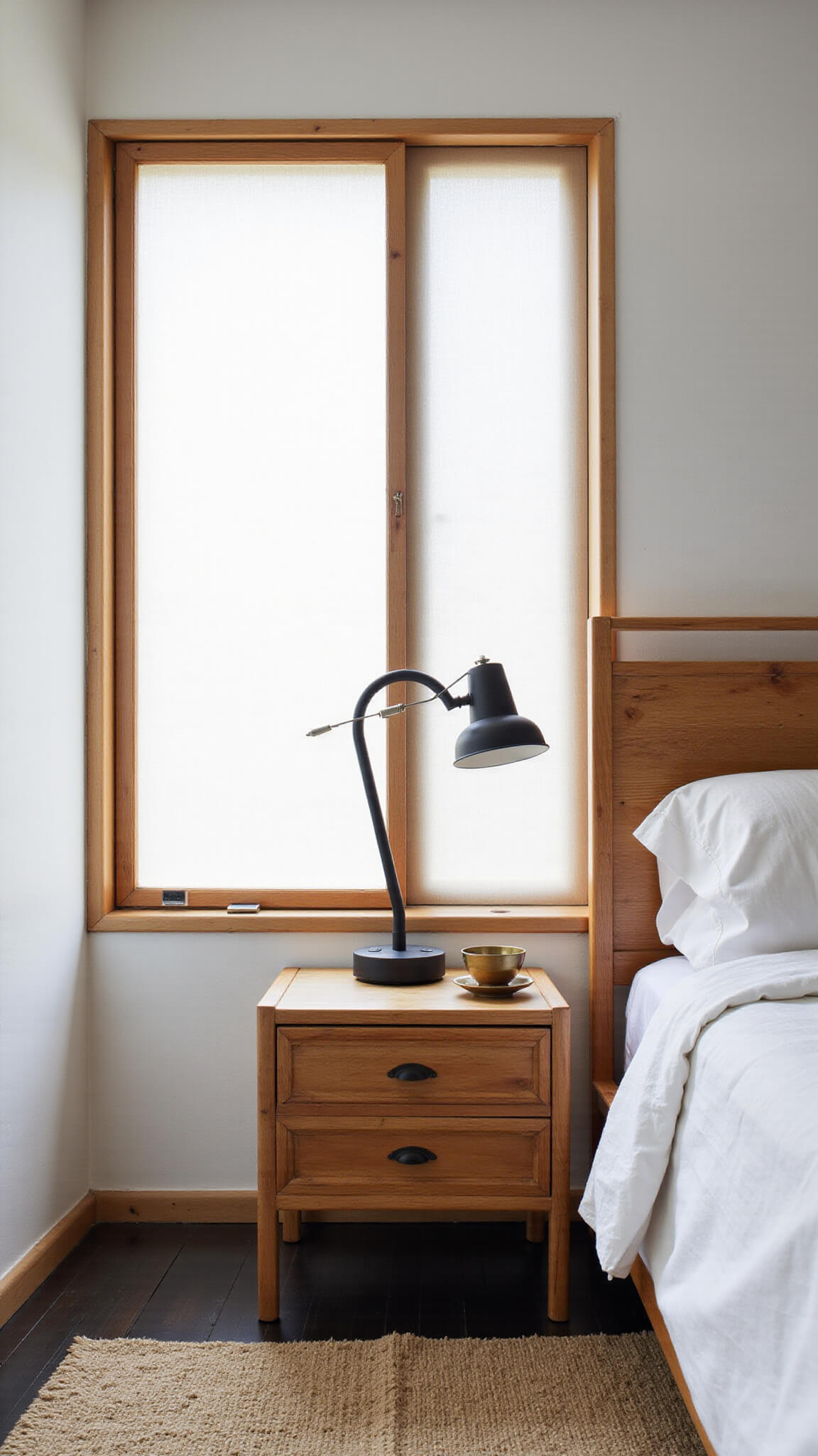 Wide-angle view of a serene Japandi-style bedroom at dawn, featuring a bamboo nightstand with joinery details, black metal lamp, brass incense holder, and ceramic dish against a textured white wall, softly lit by rice paper windows.