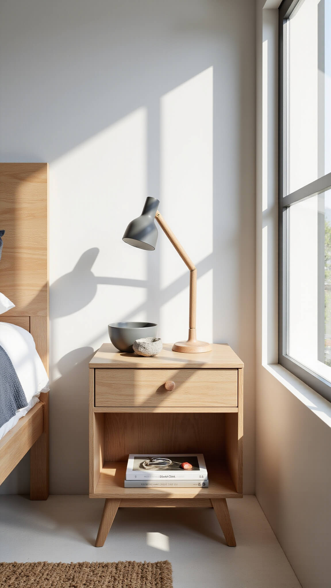 Overhead view of minimalist Japandi nightstand with ceramic lamp, stone bowl, and art book in sunlit bedroom corner with jute rug and warm white walls.