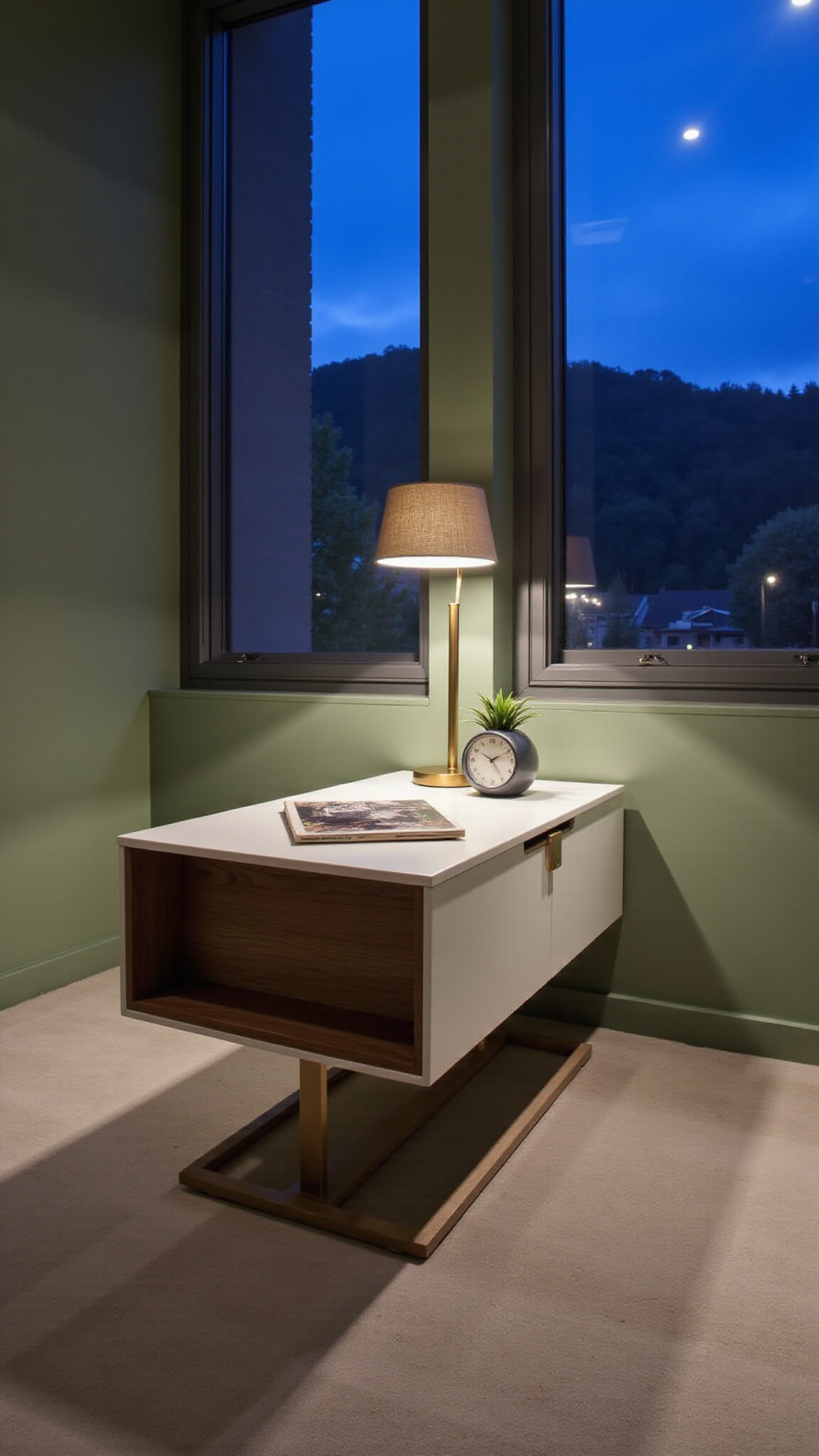 Side profile of walnut and white lacquer Japandi nightstand in moody blue hour light, styled with brass lamp, ZZ plant, and minimalist clock against soft sage green wall.