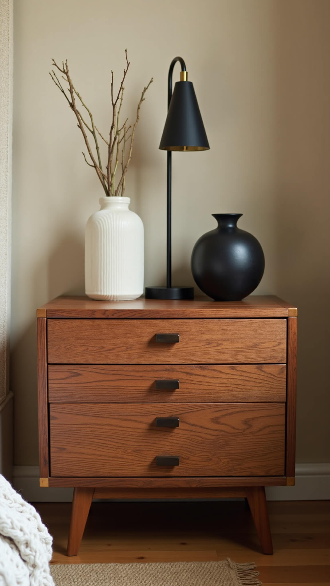 Close-up of reclaimed teak Japandi nightstand with visible wood grain, matte black ceramic vessel, brass reading lamp, and handwoven wool throw in a warm greige bedroom.