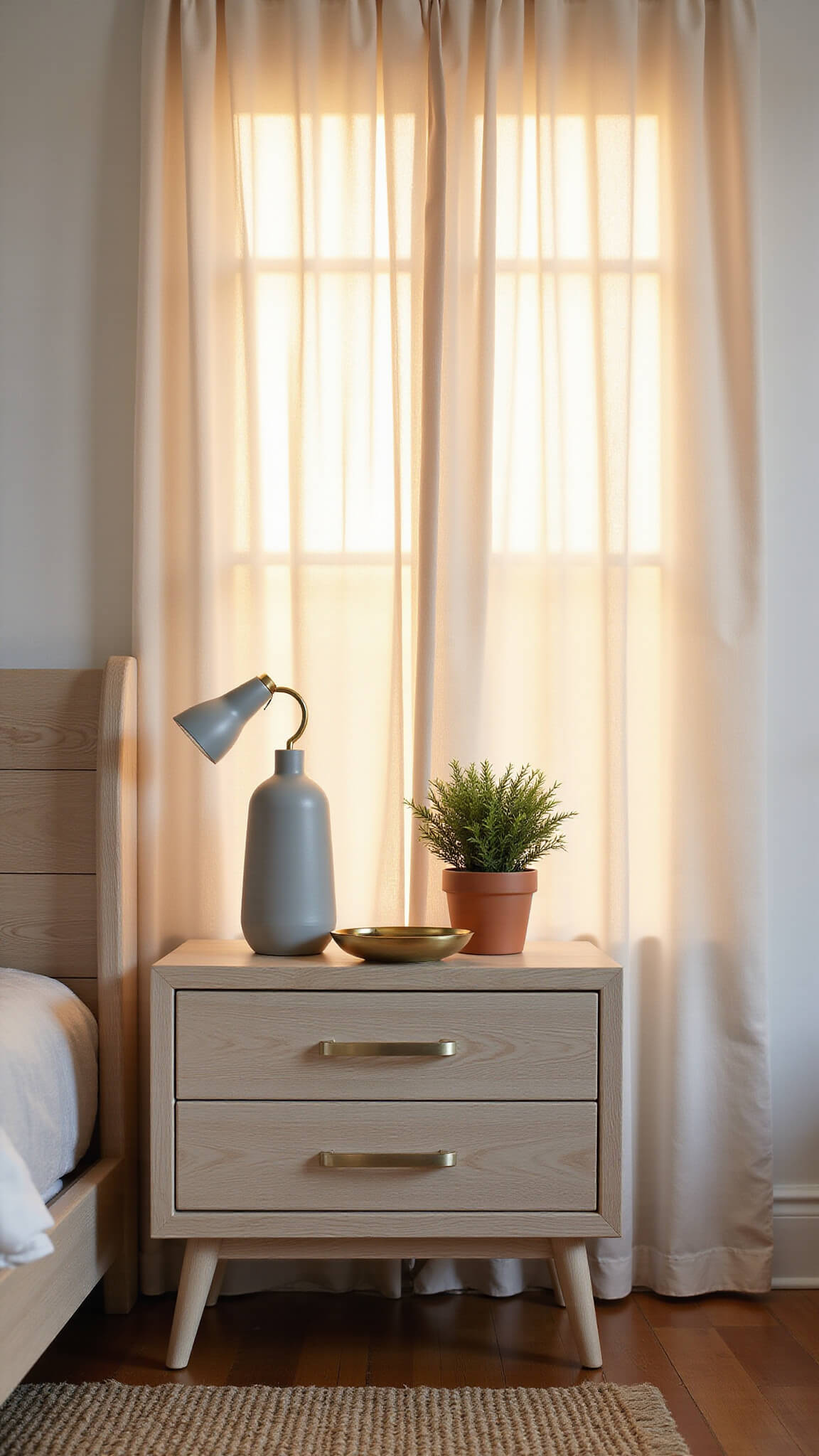 Japandi nightstand in sunset-lit bedroom with ceramic lamp, brass tray, air plant, and sisal carpet.