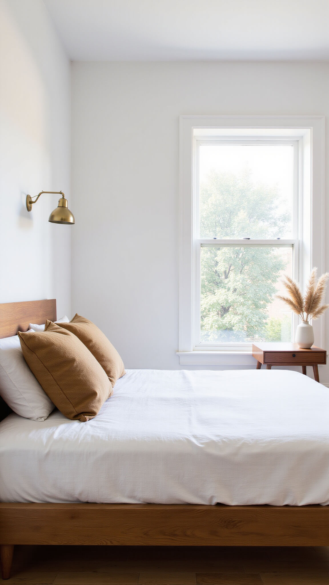 Minimalist bedroom with walnut platform bed, white linen bedding, and earth-toned pillows, bathed in mid-morning light from floor-to-ceiling windows.