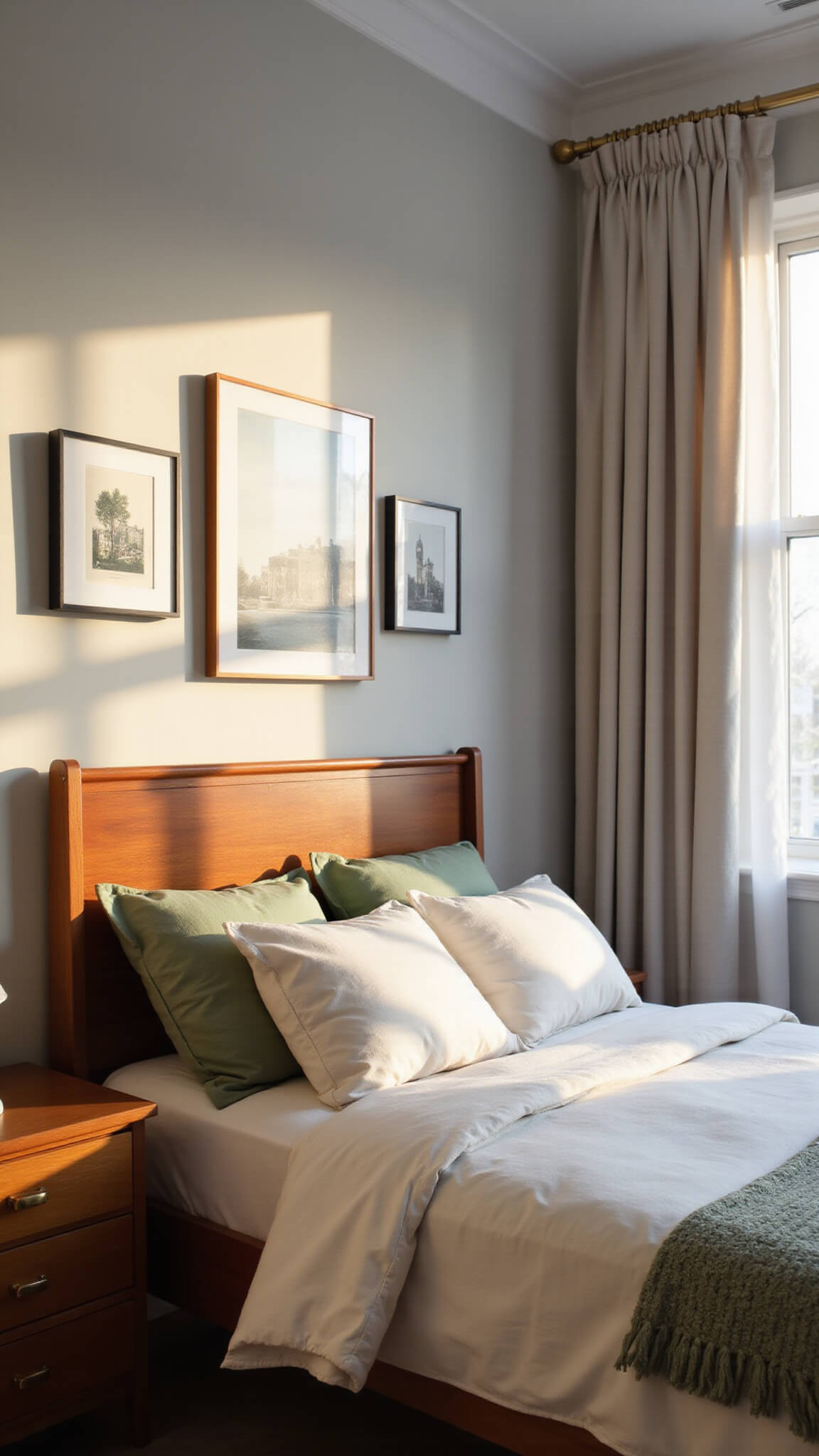 Urban bedroom bathed in golden hour light with mid-century teak bed, ivory and sage bedding, modern art above headboard, and walnut dresser in view.