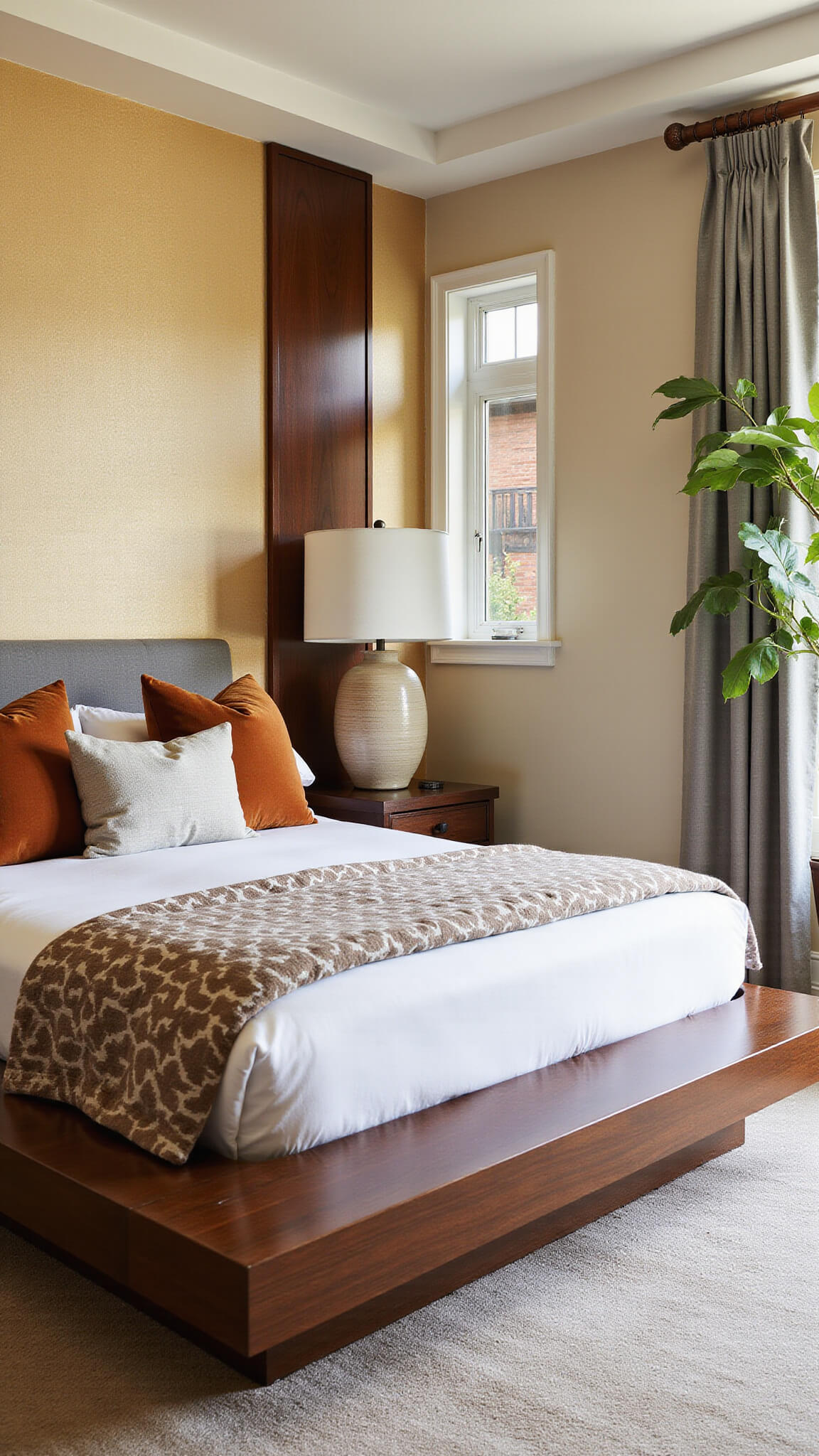 Bird’s eye view of a sunlit 18x20ft master bedroom with a mahogany platform bed, white geometric bedding, rust velvet pillows, floating nightstands, and a fiddle leaf fig in the corner.