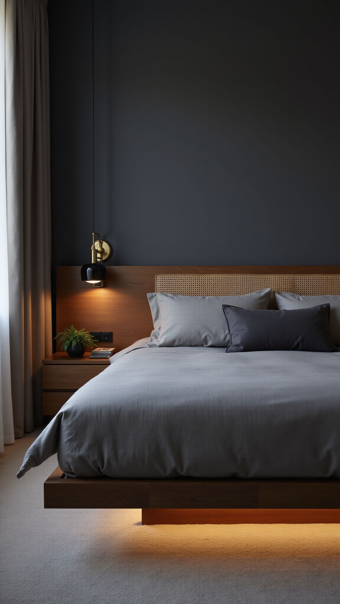 Low-angle view of a dimly lit 14x16ft bedroom featuring a floating rosewood bed with a caned headboard, monochromatic gray bedding, charcoal lumbar pillow, and ambient lighting from a smoked glass pendant and brass sconces.