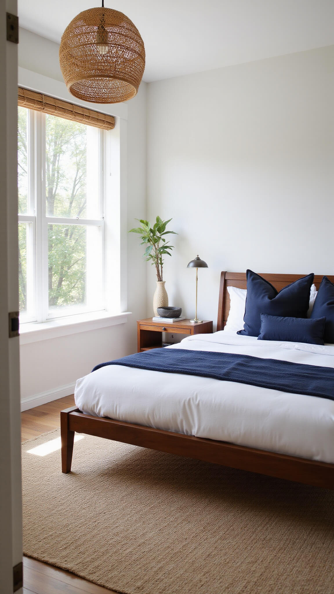 Bright corner bedroom with low walnut bed and navy accents, rattan pendant light casting shadows, and snake plant in ceramic planter.