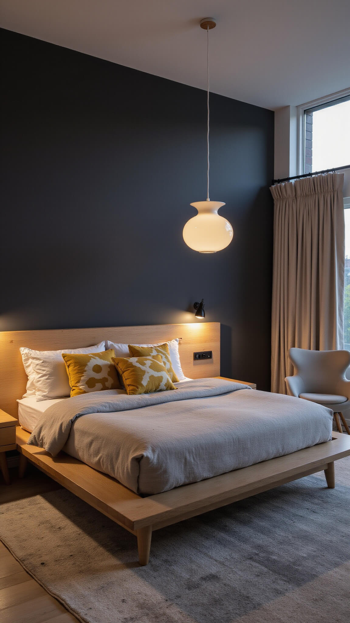 Modernist bedroom with sculptural oak bed, gray and mustard bedding, Nelson bubble lamp, and Eames lounge chair in twilight lighting.