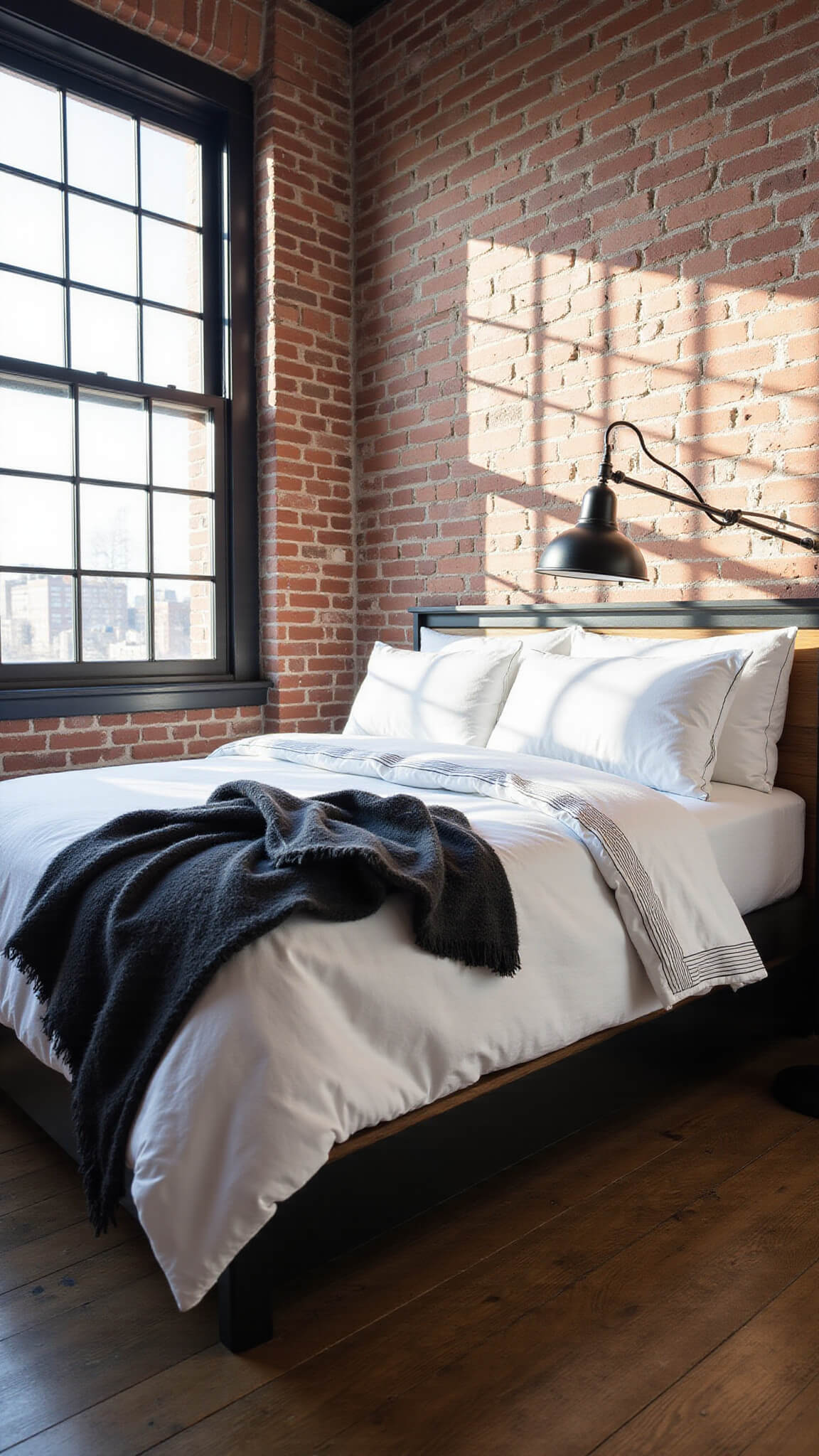 Loft bedroom with industrial platform bed, exposed brick wall, factory windows casting grid shadows, and soft early morning light.