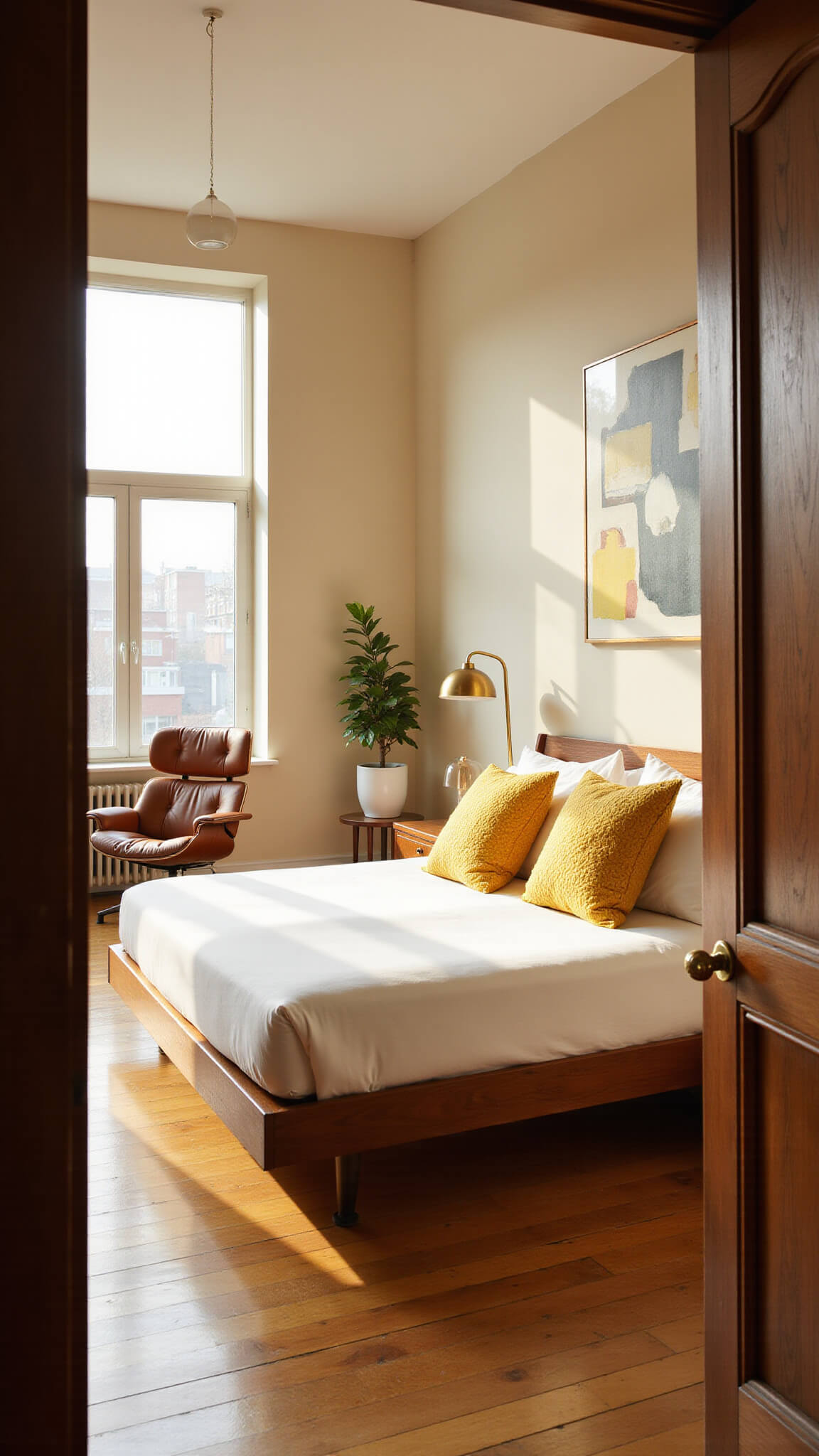 Mid-century modern bedroom with walnut platform bed, Eames lounge chair, brass pendant light, and golden hour sunlight through floor-to-ceiling windows.