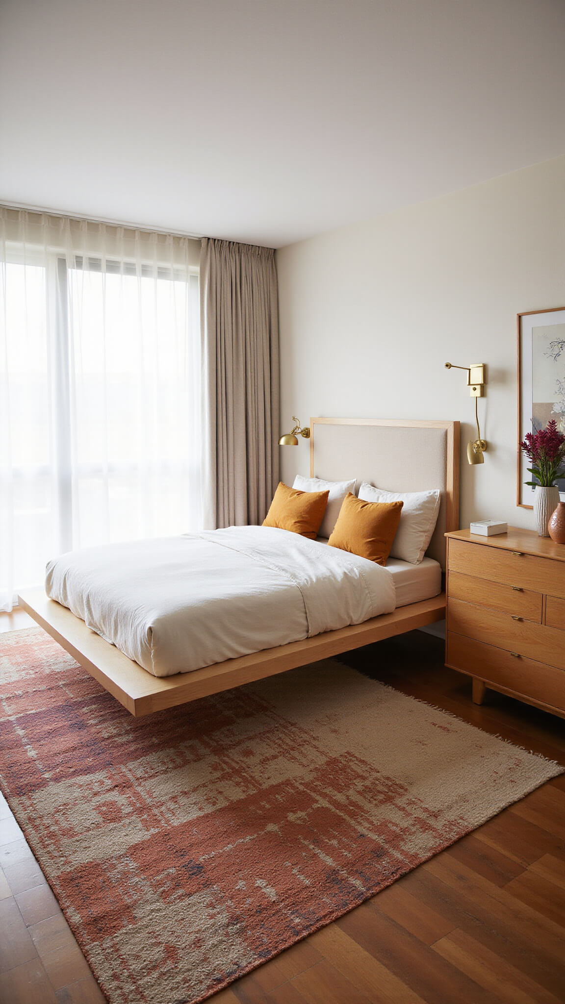 Mid-century modern bedroom at dawn with light oak platform bed, burnt orange accents, teak dresser, and vintage rug in natural diffused light.
