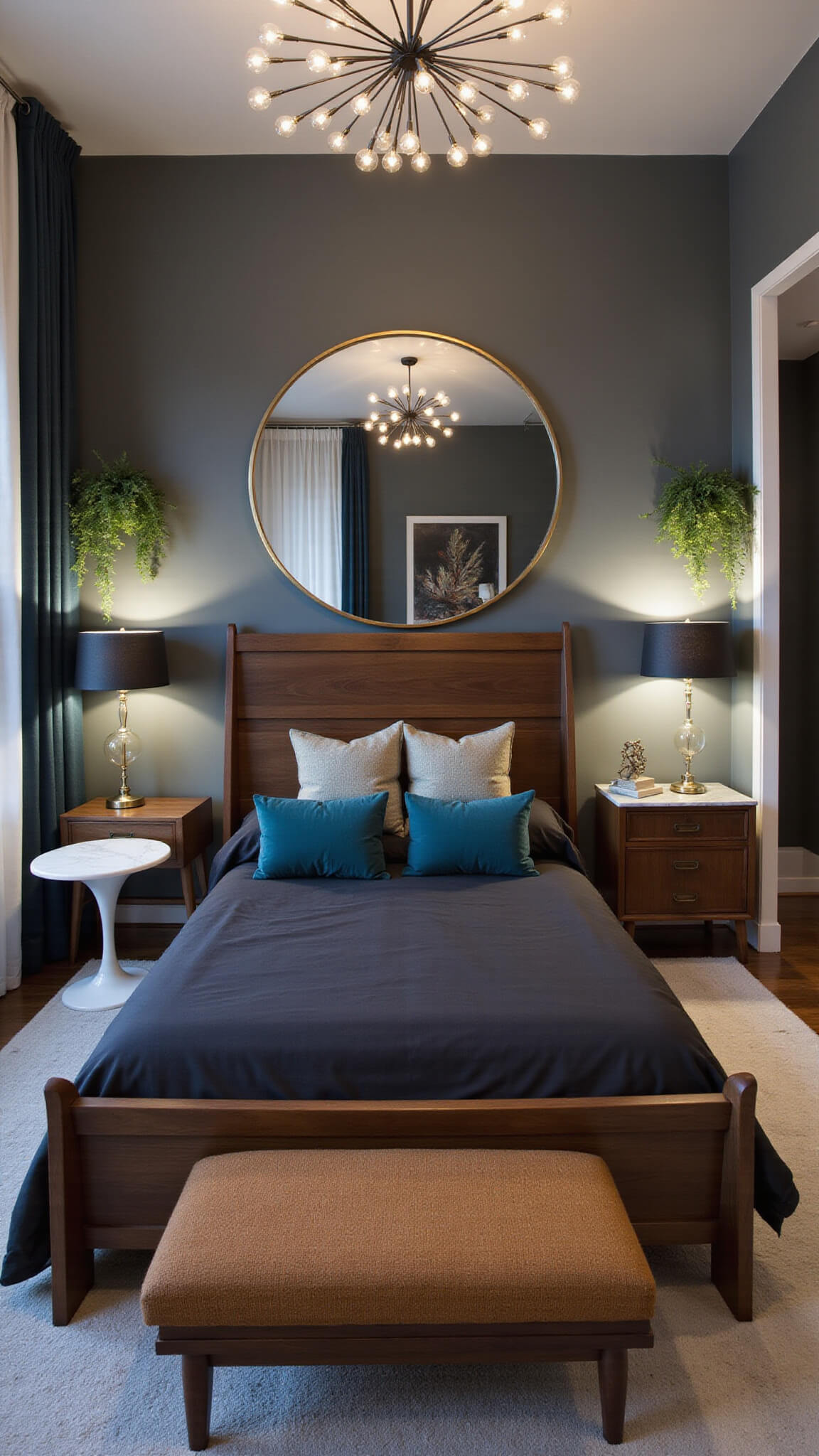 Mid-century bedroom during blue hour with walnut sleigh bed, teal accents, tulip side tables, floating teak credenza, sputnik chandelier, and moody ambient lighting.