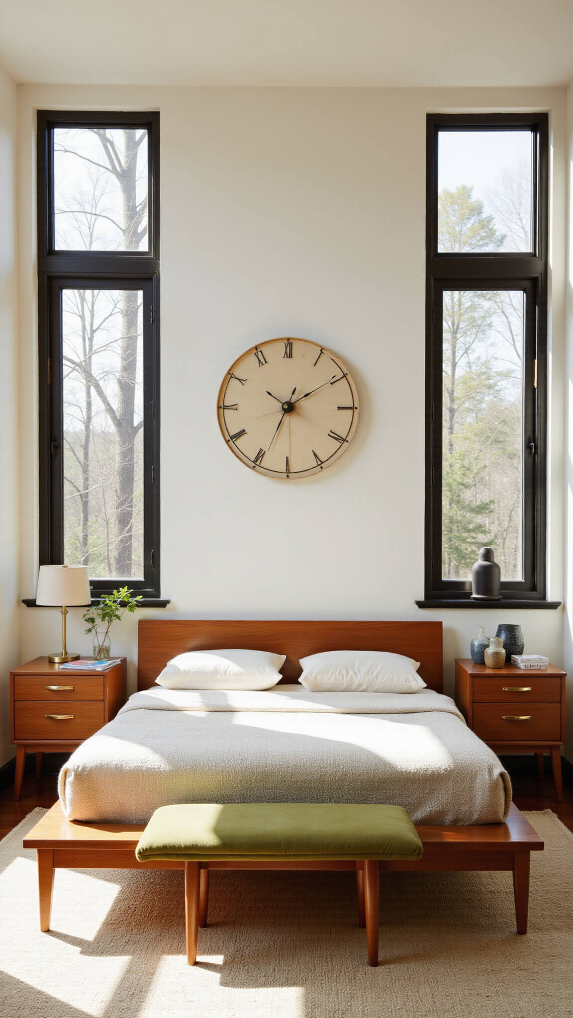 Mid-century bedroom with teak platform bed, olive bench, floor-to-ceiling windows casting dramatic shadows, and modernist decor in warm wood and cream tones.