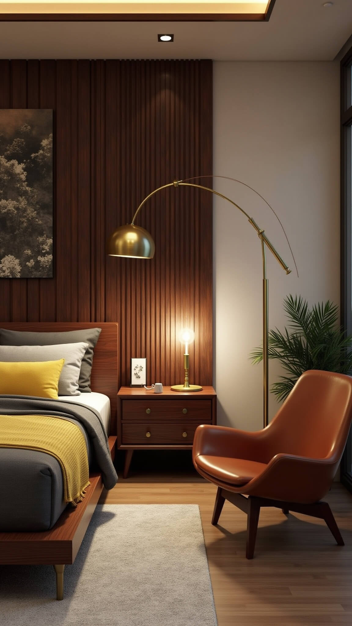 Mid-century bedroom with rosewood bed, mustard and gray bedding, brass arc lamp, leather chair, Danish dresser, and warm sunset lighting.